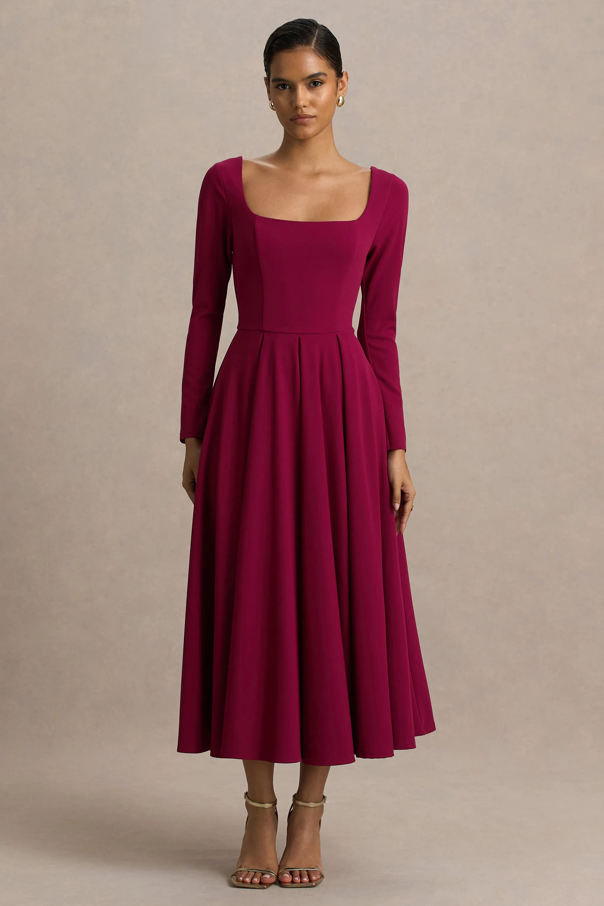 Alison | Burgundy Square-Neck A-Line Midi Dress sold by Club L London