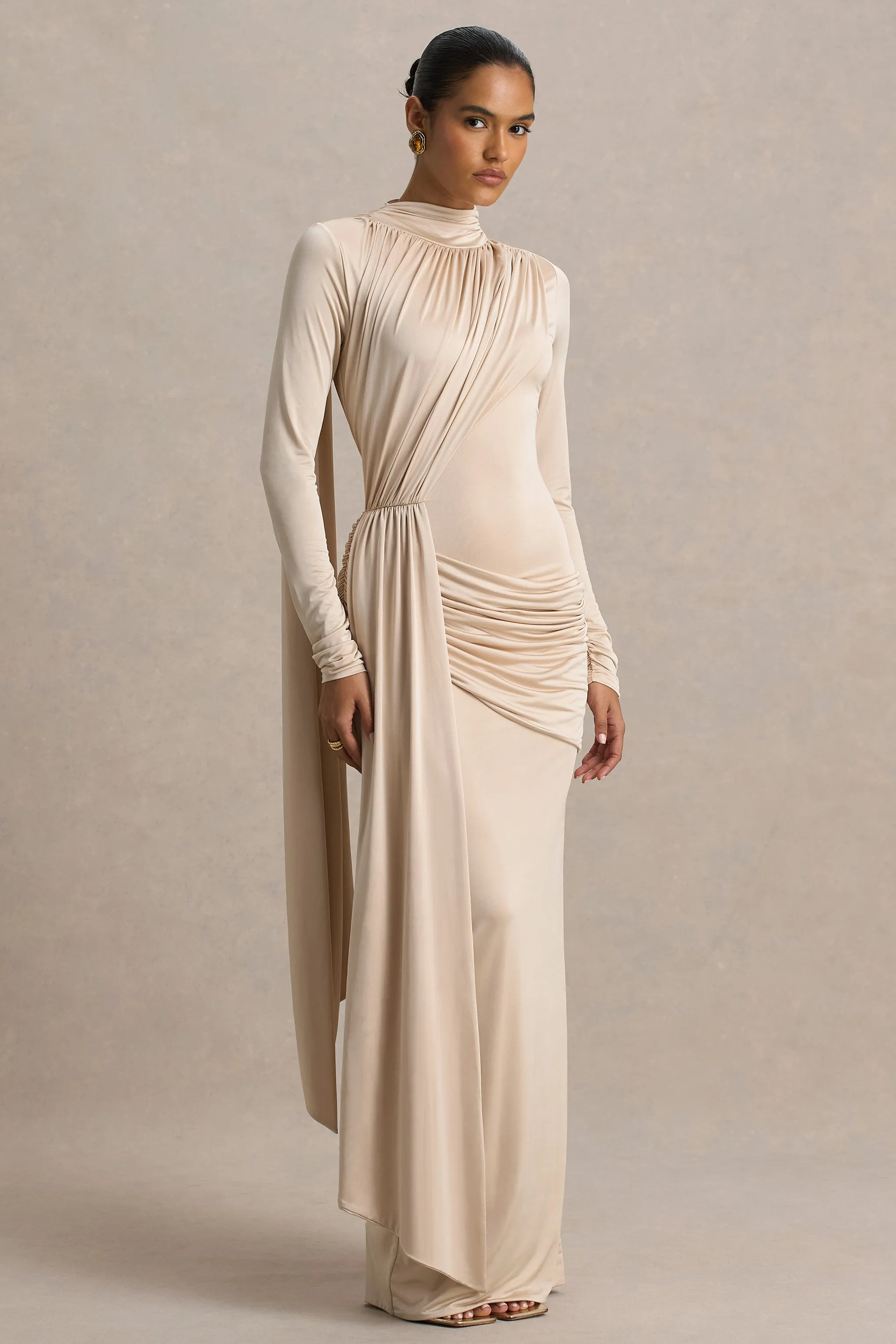 Romi | Champagne High-Neck Maxi Dress With Ruched Detailing sold by Club L London product image thumbnail 3