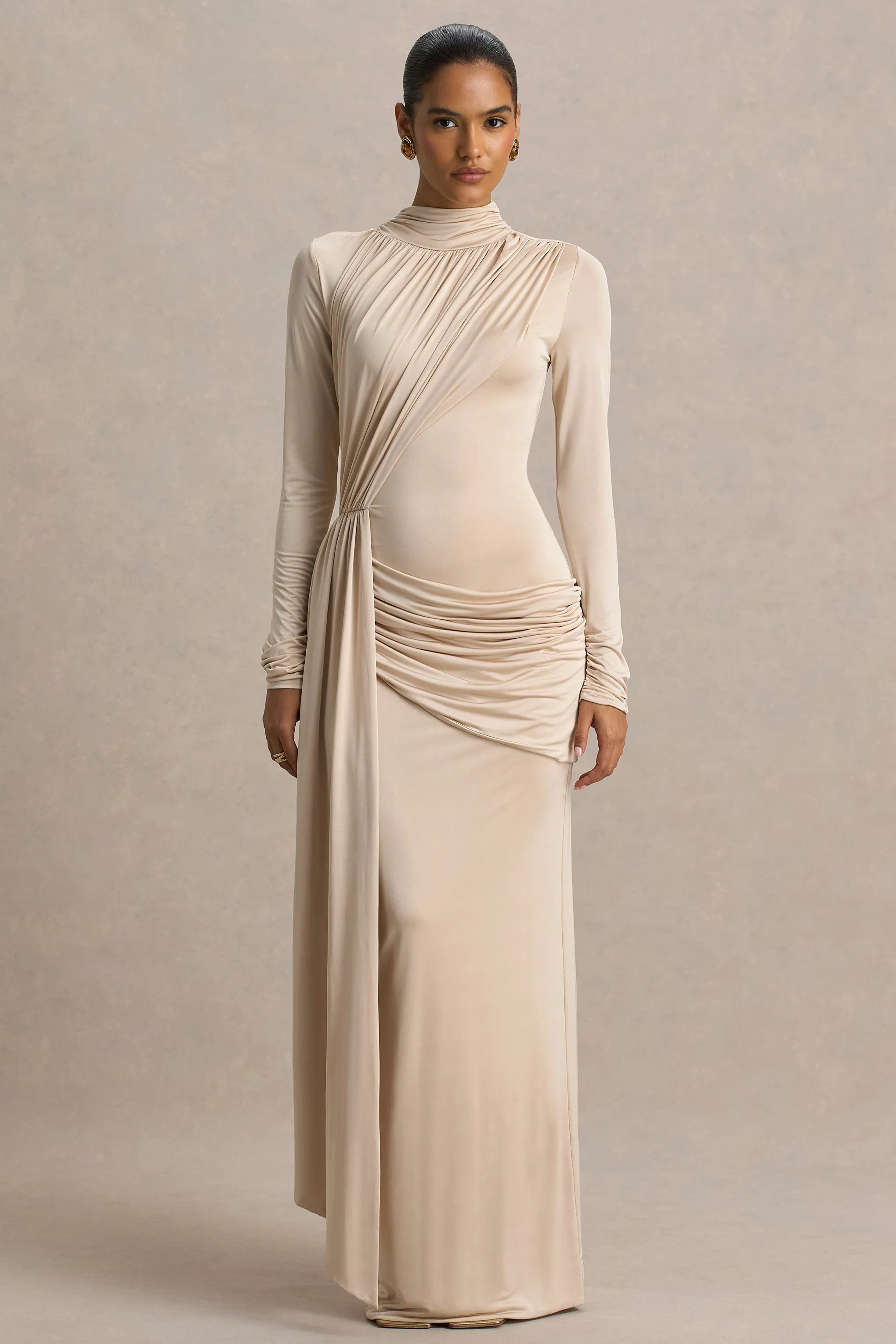 Romi | Champagne High-Neck Maxi Dress With Ruched Detailing sold by Club L London product image thumbnail 4