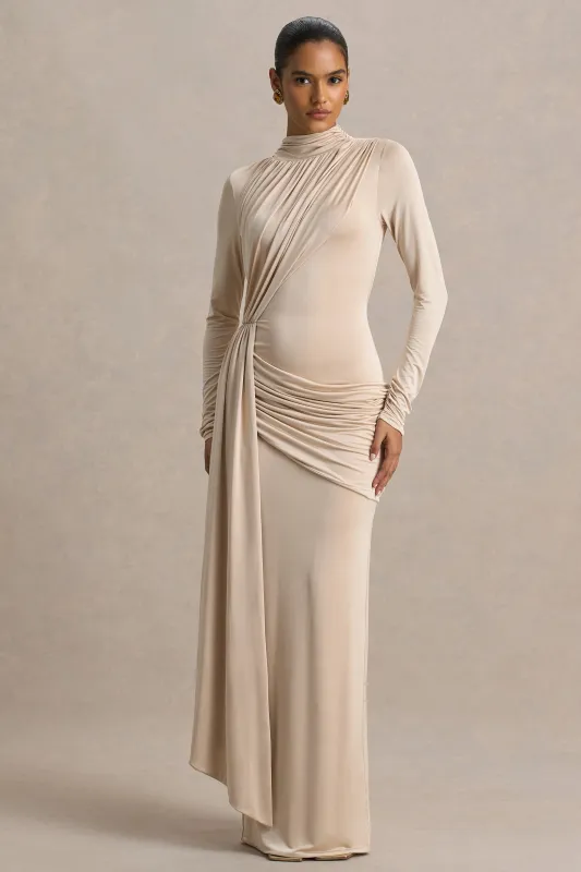 Romi | Champagne High-Neck Maxi Dress With Ruched Detailing sold by Club L London