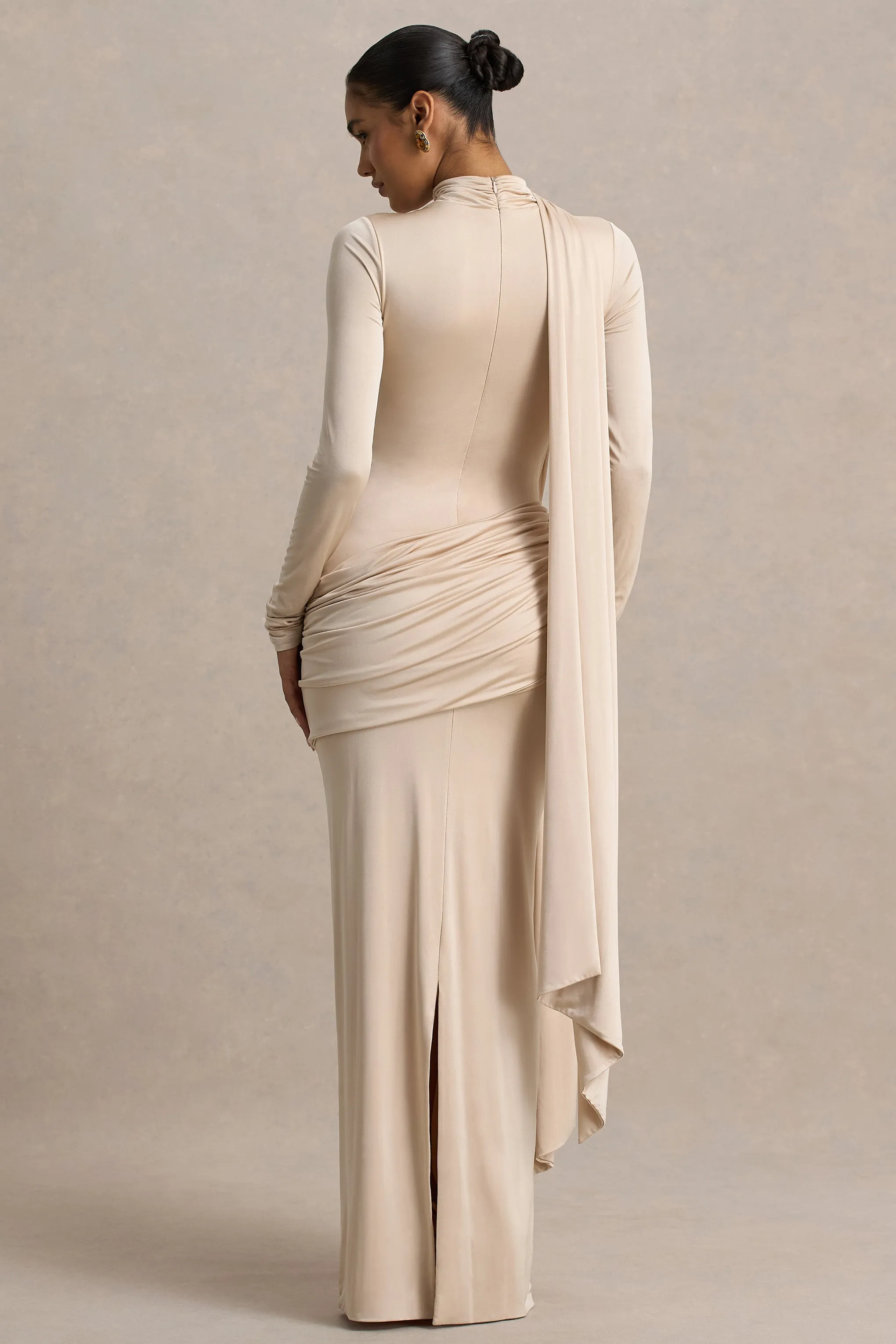 Romi | Champagne High-Neck Maxi Dress With Ruched Detailing sold by Club L London product image thumbnail 2