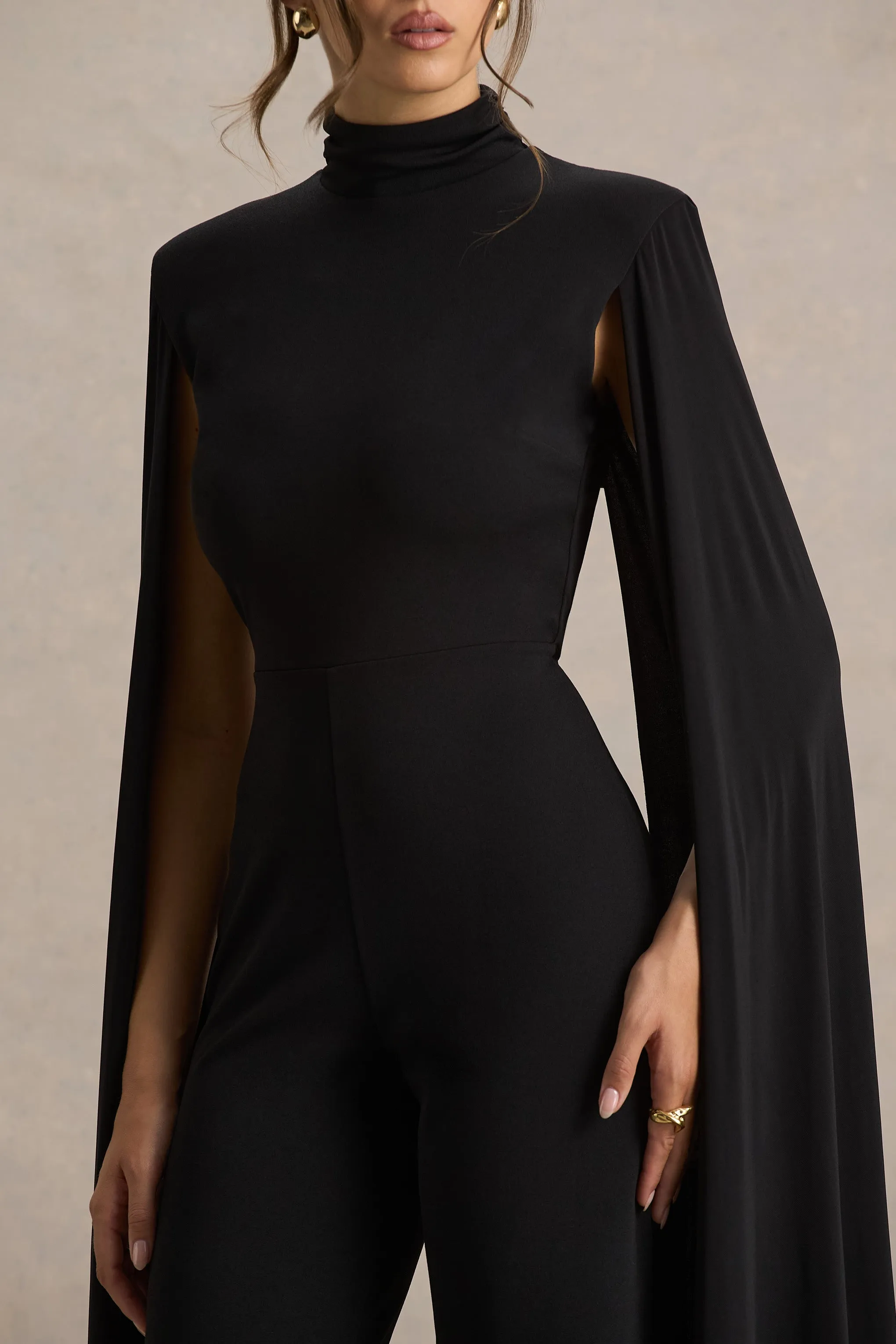 Dulcet | Black High-Neck Jumpsuit With Cape Sleeves sold by Club L London product image thumbnail 4
