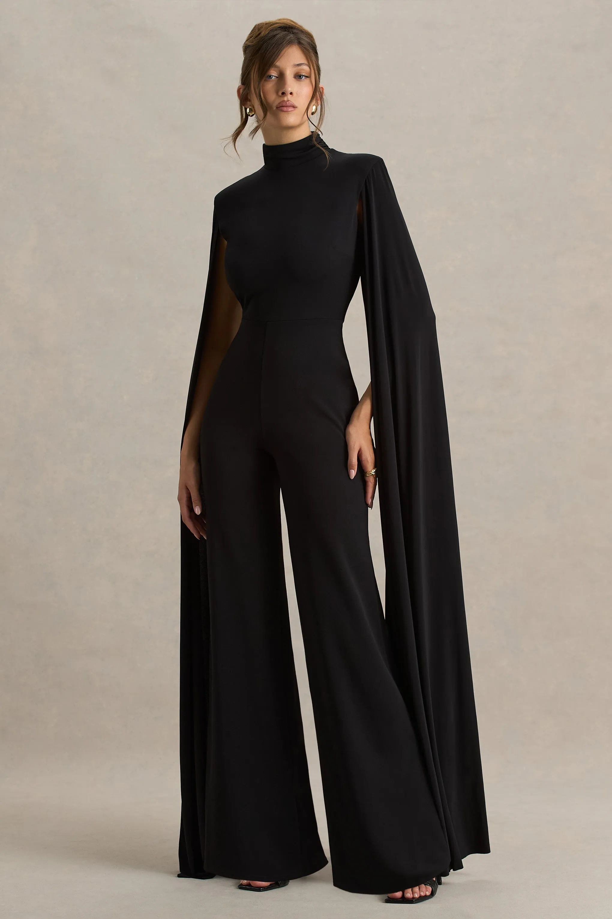 Dulcet | Black High-Neck Jumpsuit With Cape Sleeves sold by Club L London product image thumbnail 5