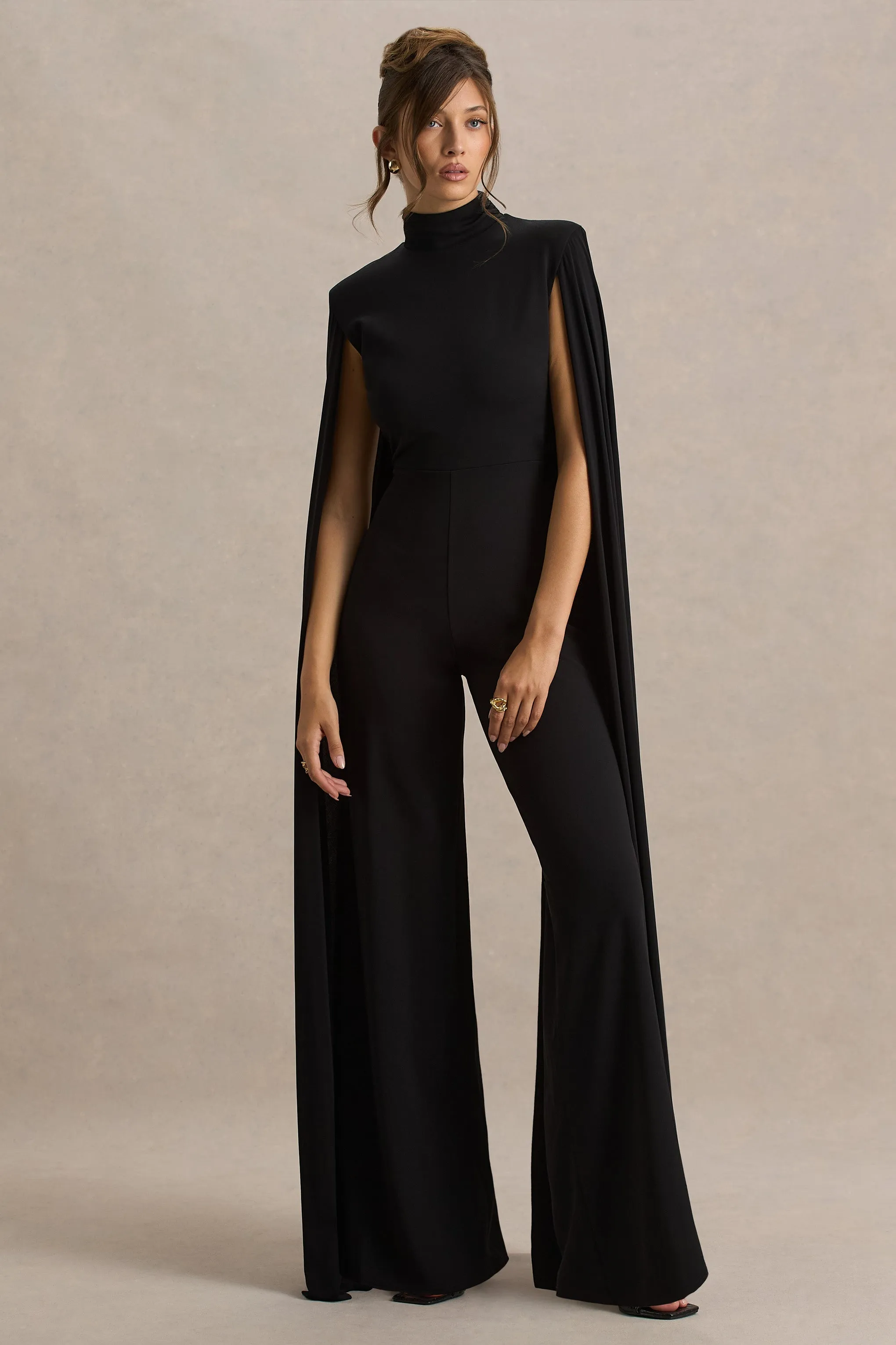 Dulcet | Black High-Neck Jumpsuit With Cape Sleeves sold by Club L London product image thumbnail 3