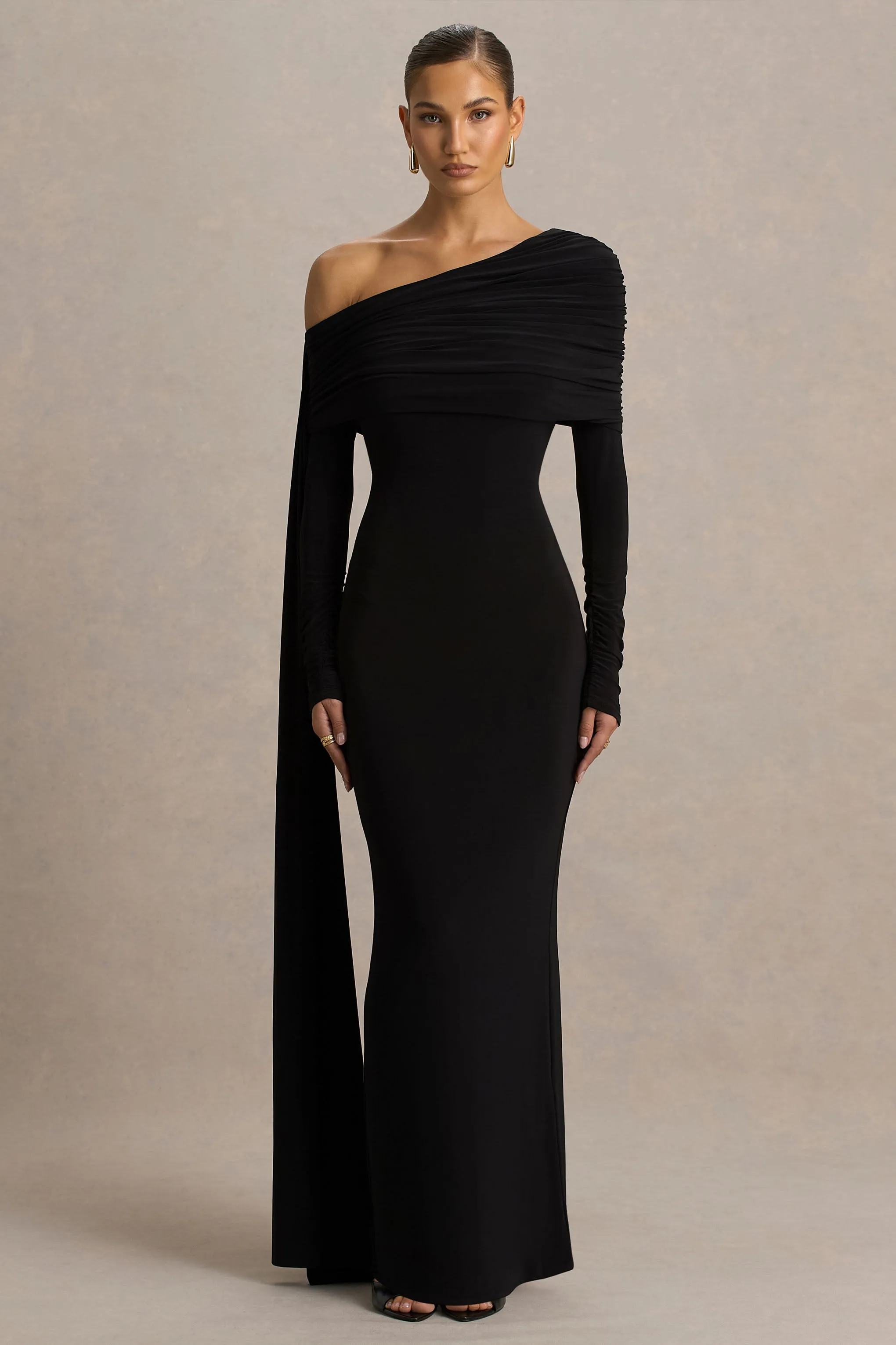 Octavia | Black Bardot-Neck Maxi Dress With Cape And Ruched Detailing sold by Club L London product image thumbnail 3