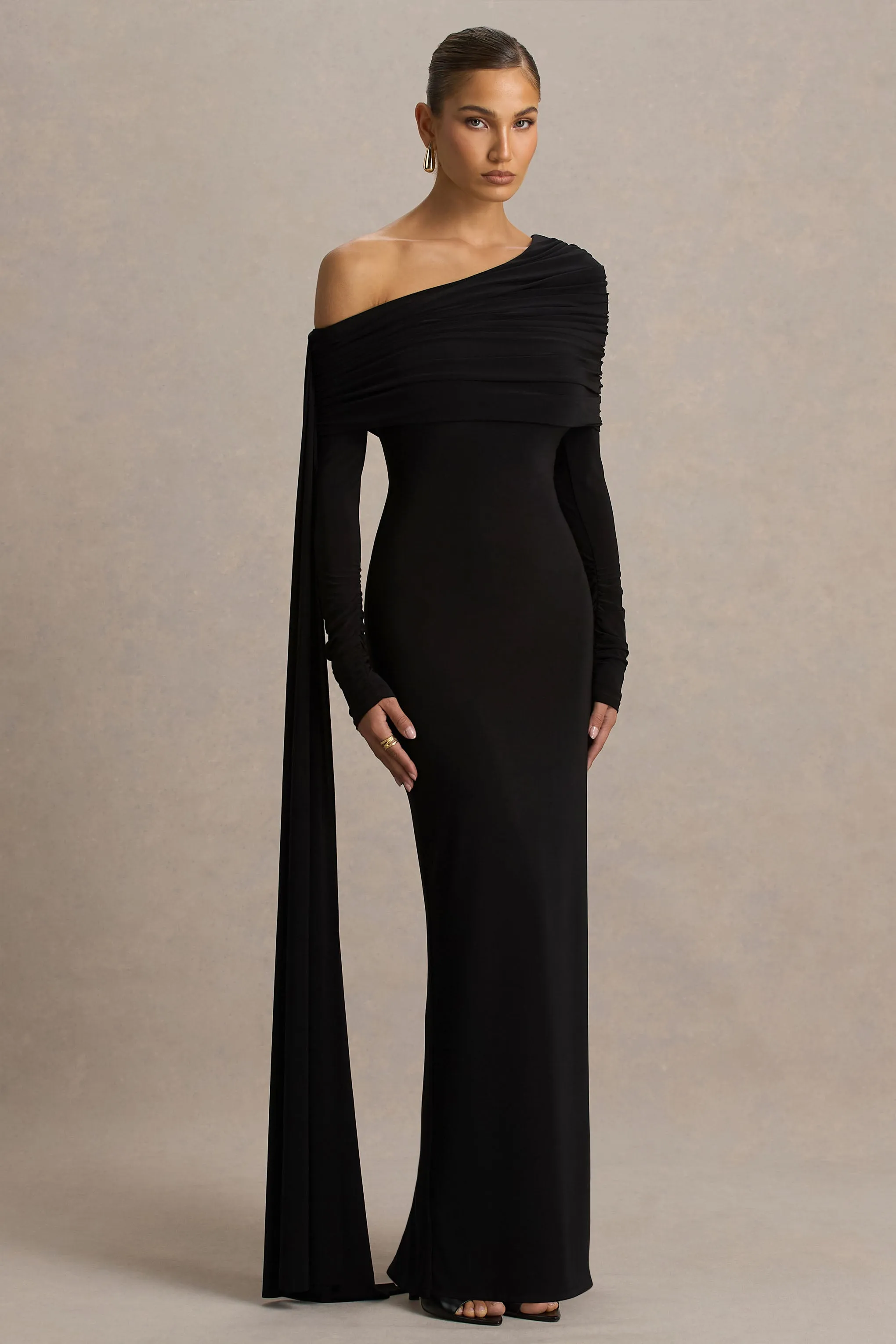Octavia | Black Bardot-Neck Maxi Dress With Cape And Ruched Detailing sold by Club L London product image thumbnail 4