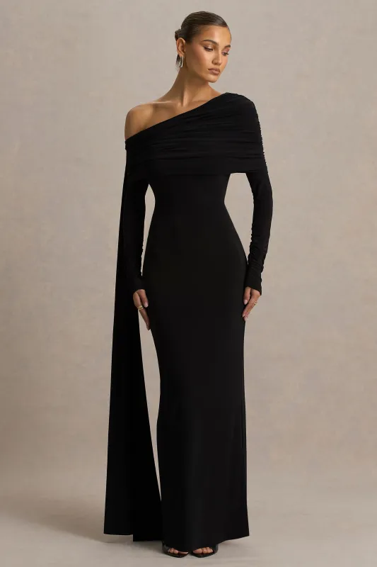 Octavia | Black Bardot-Neck Maxi Dress With Cape And Ruched Detailing sold by Club L London