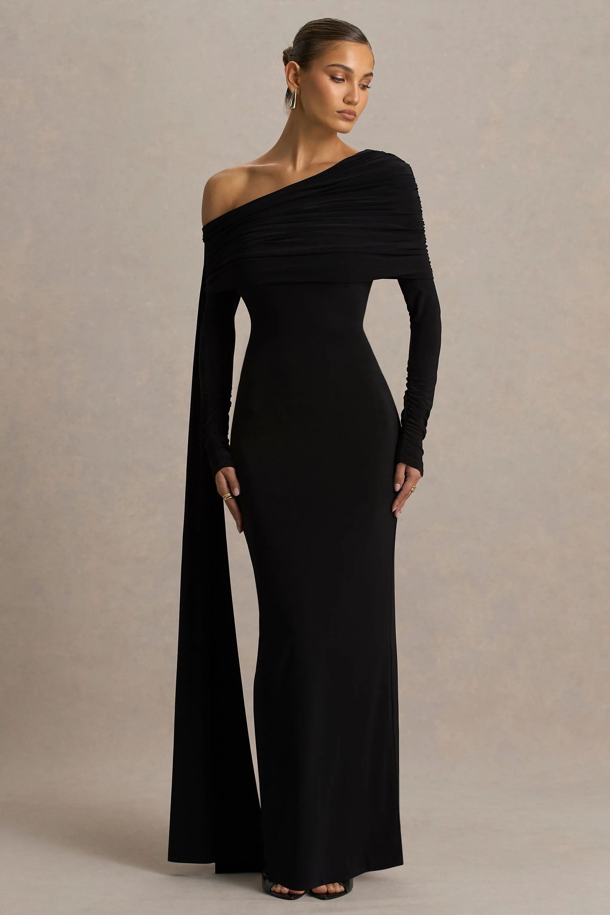 Octavia | Black Bardot-Neck Maxi Dress With Cape And Ruched Detailing sold by Club L London