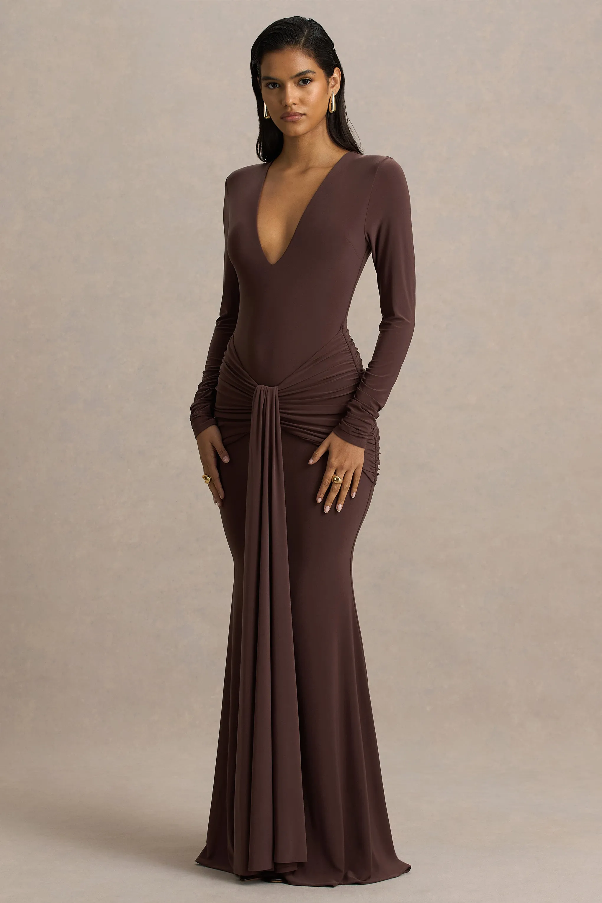 Saffie | Chocolate Extreme-Plunge Wrap Maxi Dress With Long-Sleeves And Ruched Detailing sold by Club L London product image thumbnail 3