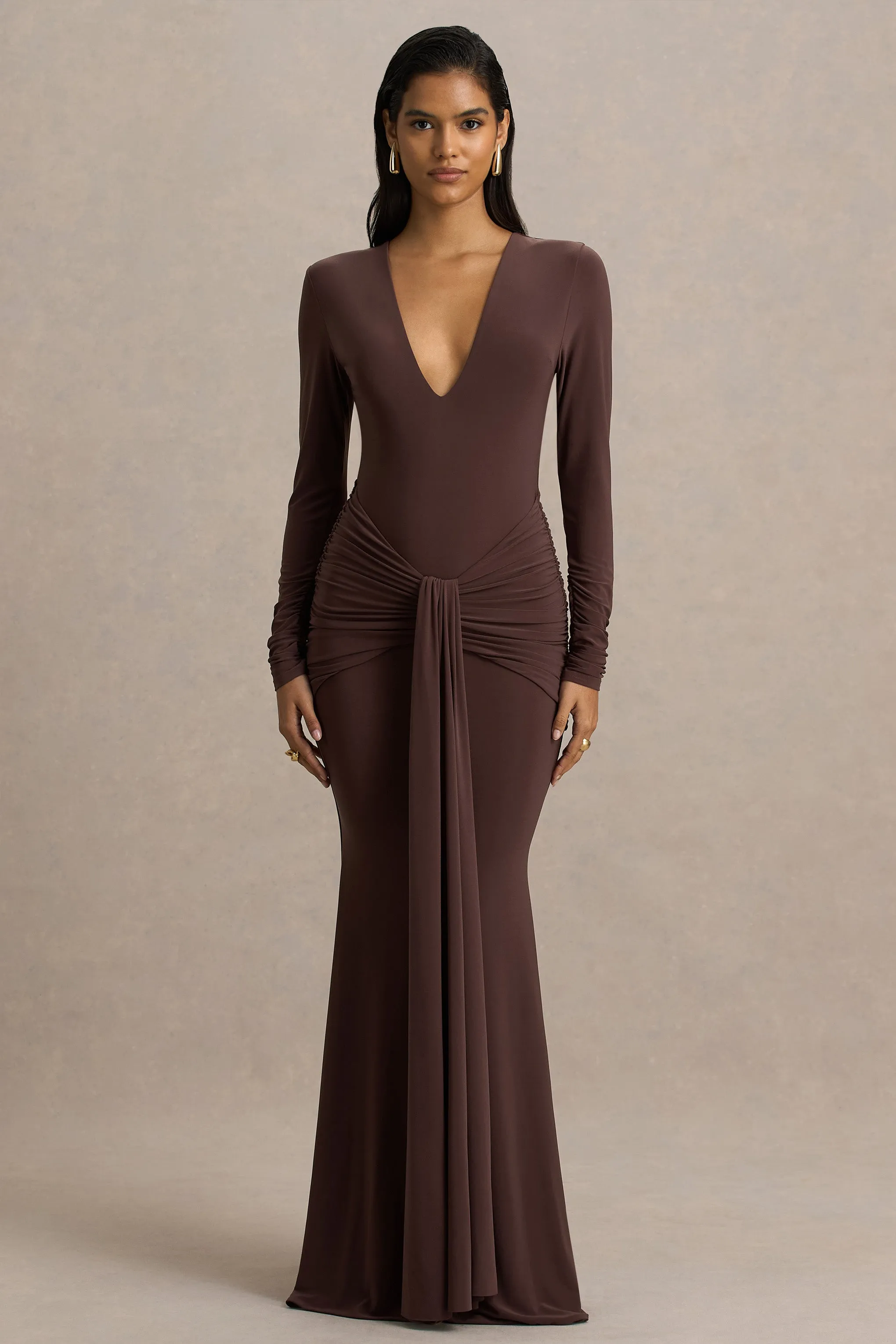 Saffie | Chocolate Extreme-Plunge Wrap Maxi Dress With Long-Sleeves And Ruched Detailing sold by Club L London product image thumbnail 4