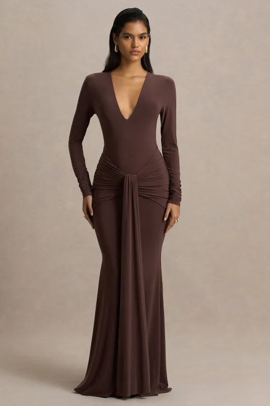Saffie | Chocolate Extreme-Plunge Wrap Maxi Dress With Long-Sleeves And Ruched Detailing sold by Club L London