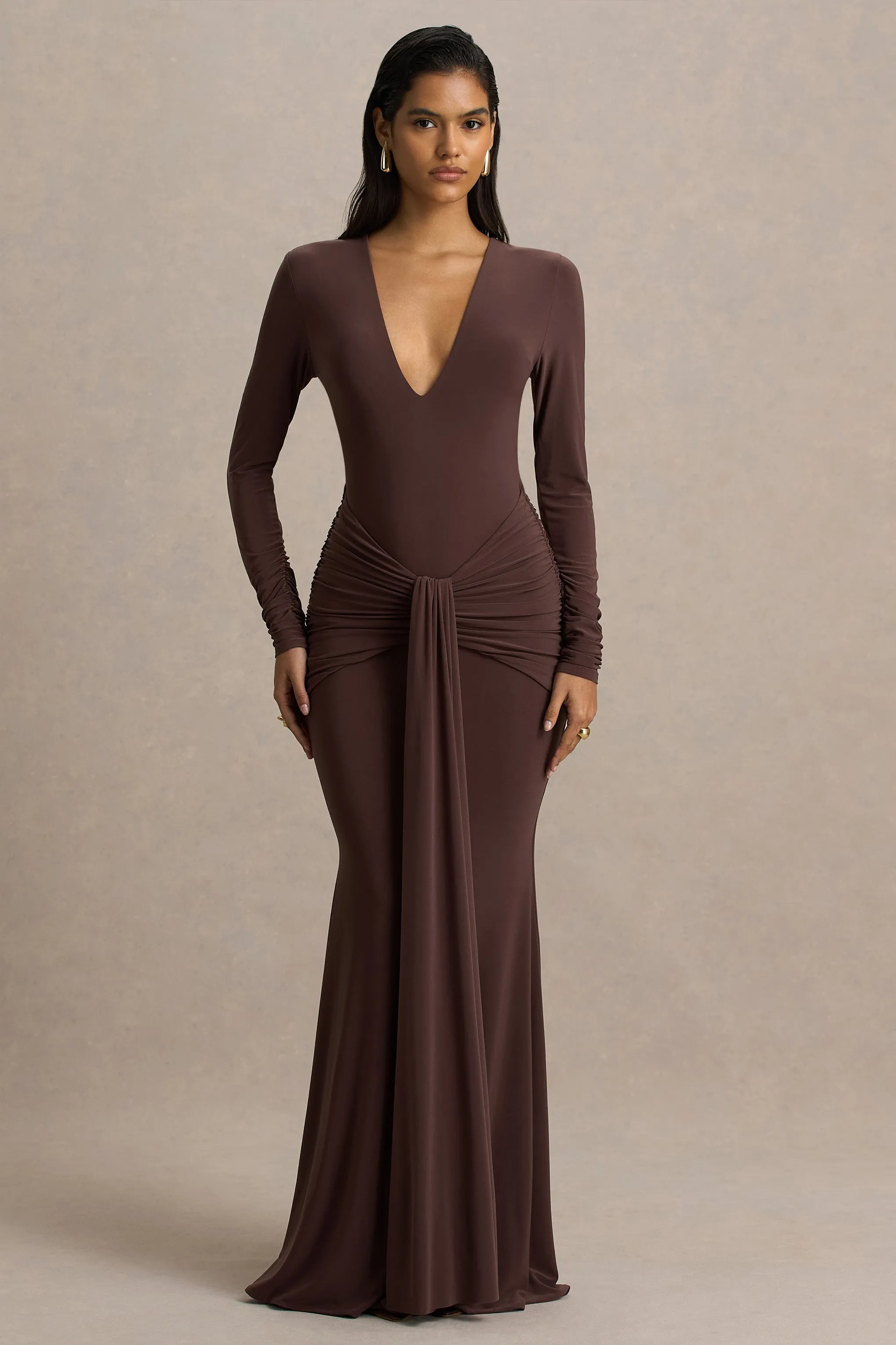 Saffie | Chocolate Extreme-Plunge Wrap Maxi Dress With Long-Sleeves And Ruched Detailing sold by Club L London