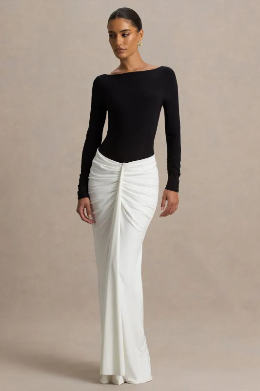 Matilda | Black And White Boat-Neck Maxi Dress With Ruched Detailing sold by Club L London