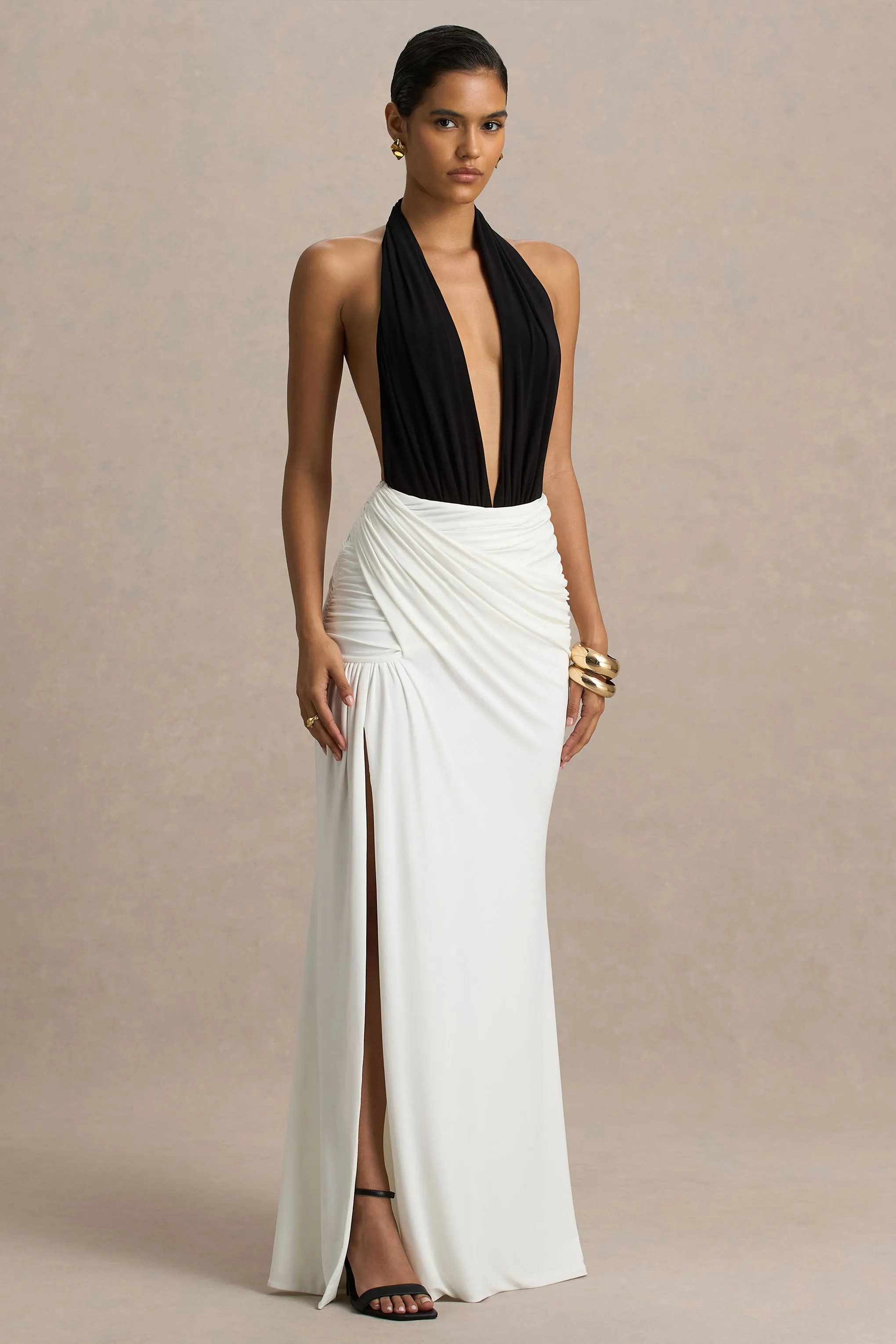 Tilly | Black And White Extreme-Plunge Neck Maxi Dress With Wrap And Ruched Details sold by Club L London product image thumbnail 3