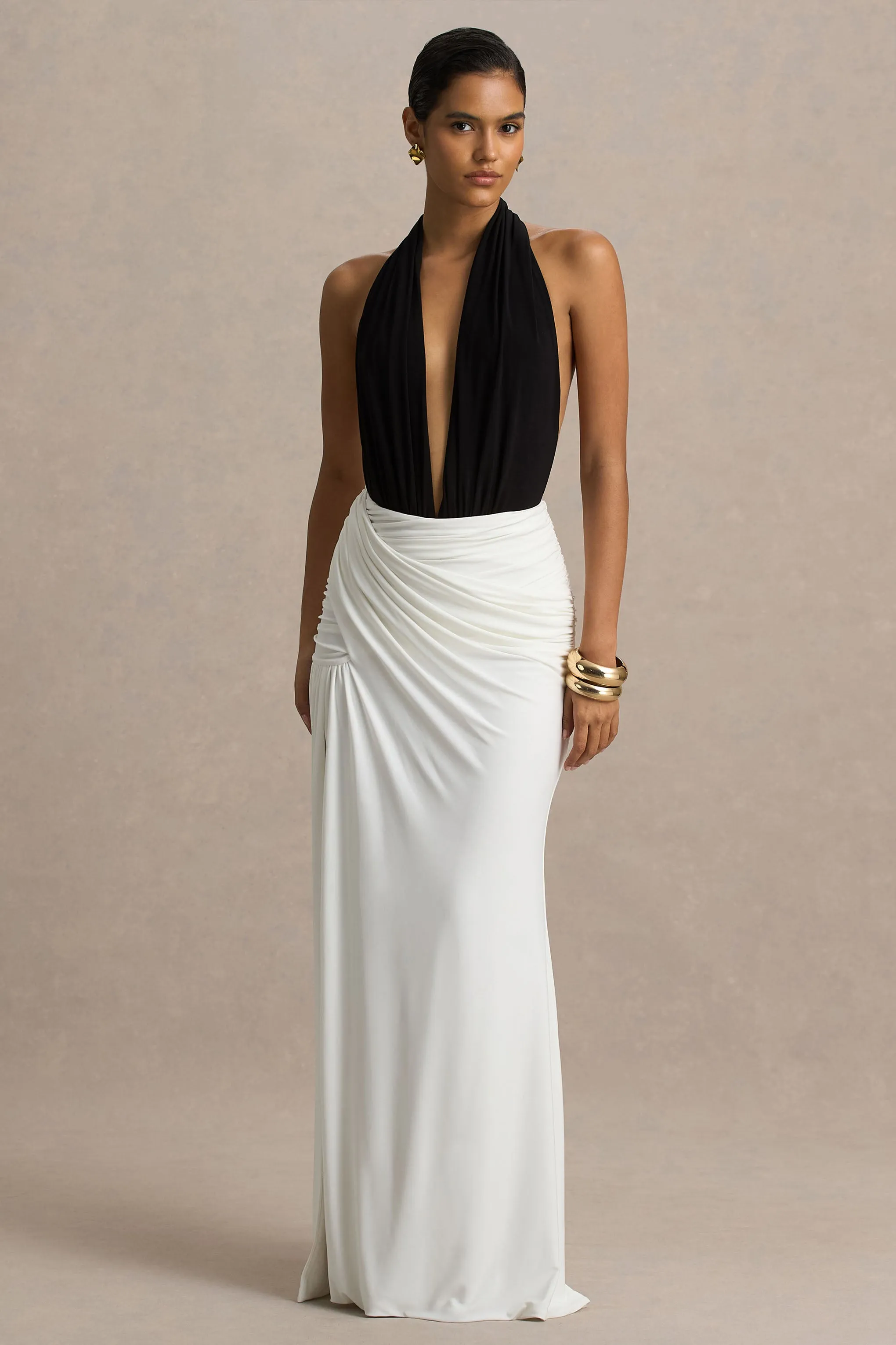 Tilly | Black And White Extreme-Plunge Neck Maxi Dress With Wrap And Ruched Details sold by Club L London product image thumbnail 4