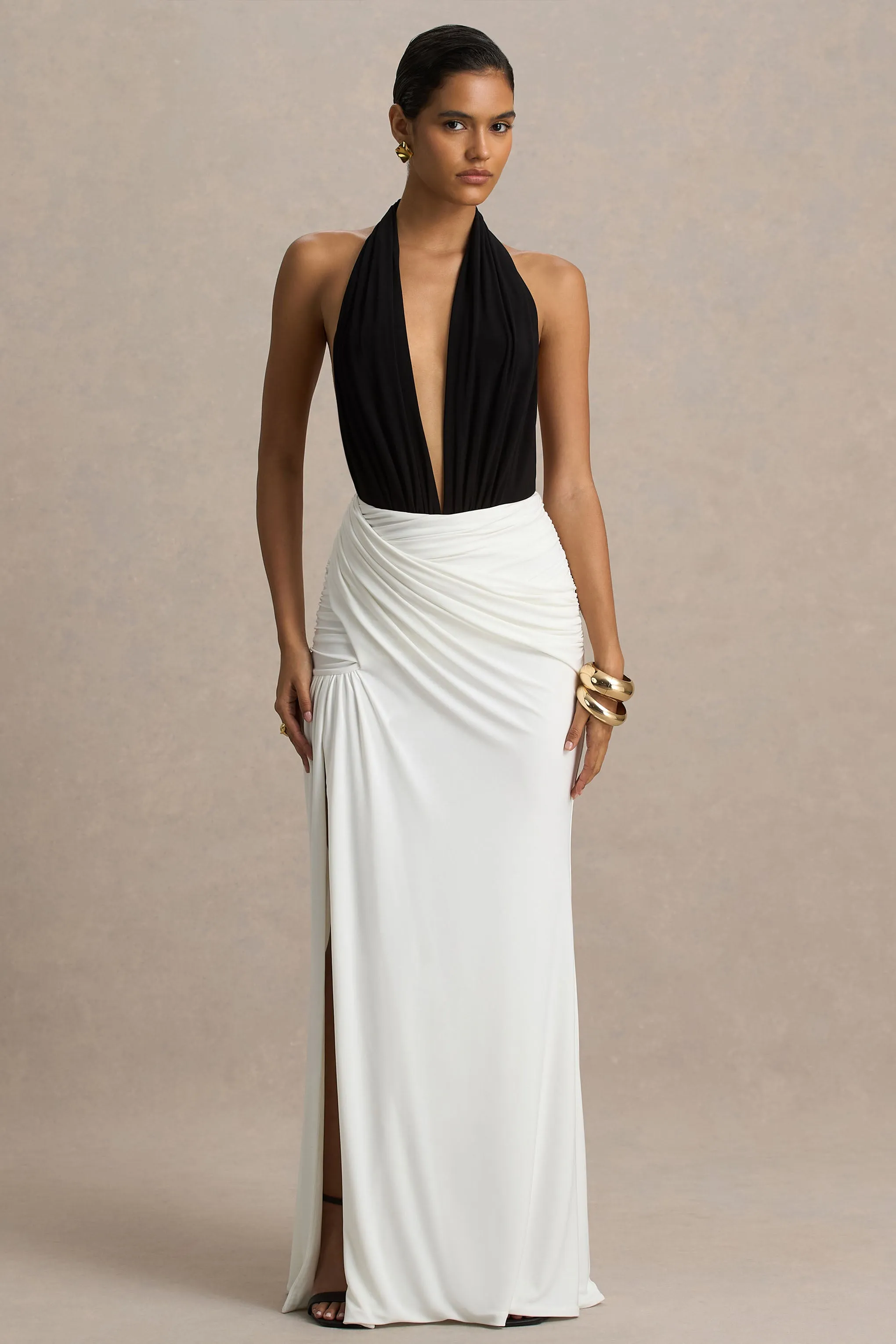 Tilly | Black And White Extreme-Plunge Neck Maxi Dress With Wrap And Ruched Details sold by Club L London
