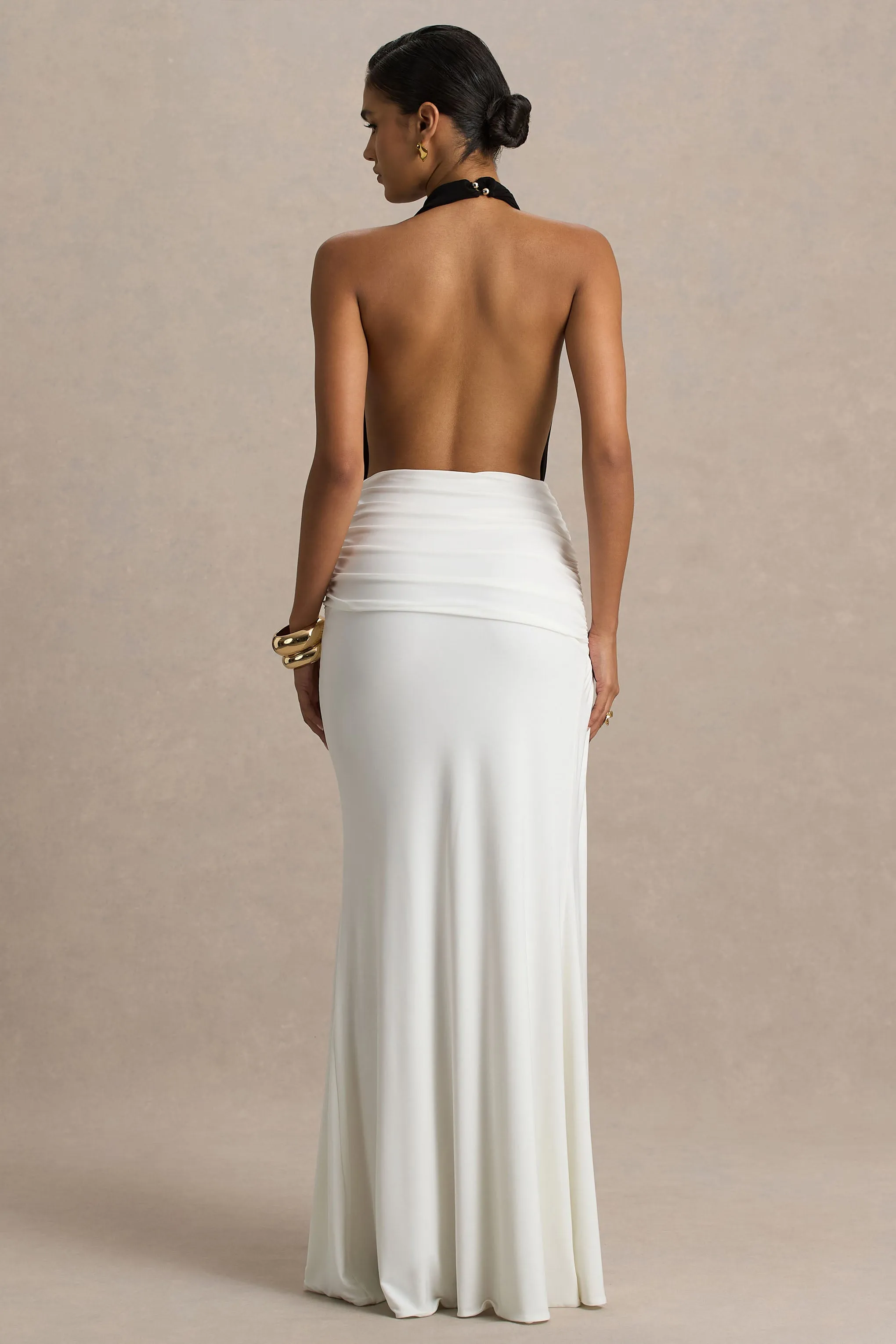 Tilly | Black And White Extreme-Plunge Neck Maxi Dress With Wrap And Ruched Details sold by Club L London product image thumbnail 2