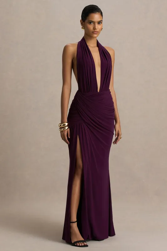 Tilly | Burgundy Extreme Plunge-Neck Maxi Dress With Wrap And Ruched Details sold by Club L London
