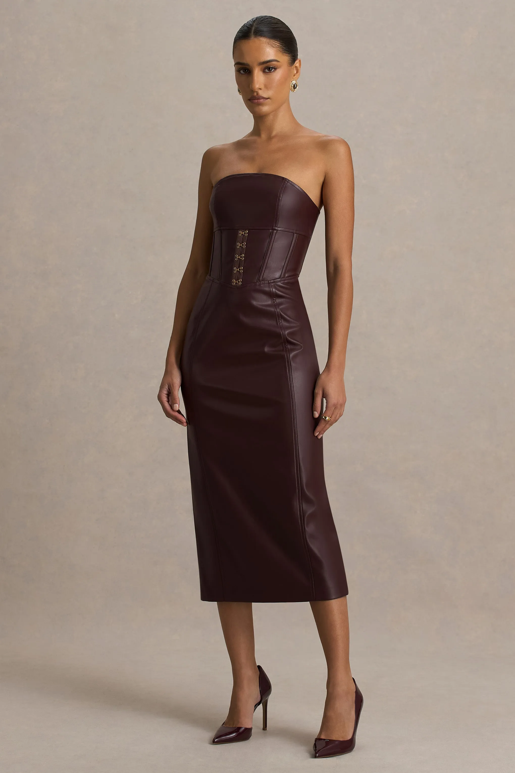 Zola | Burgundy Faux Leather Bandeau Midi Dress sold by Club L London product image thumbnail 4