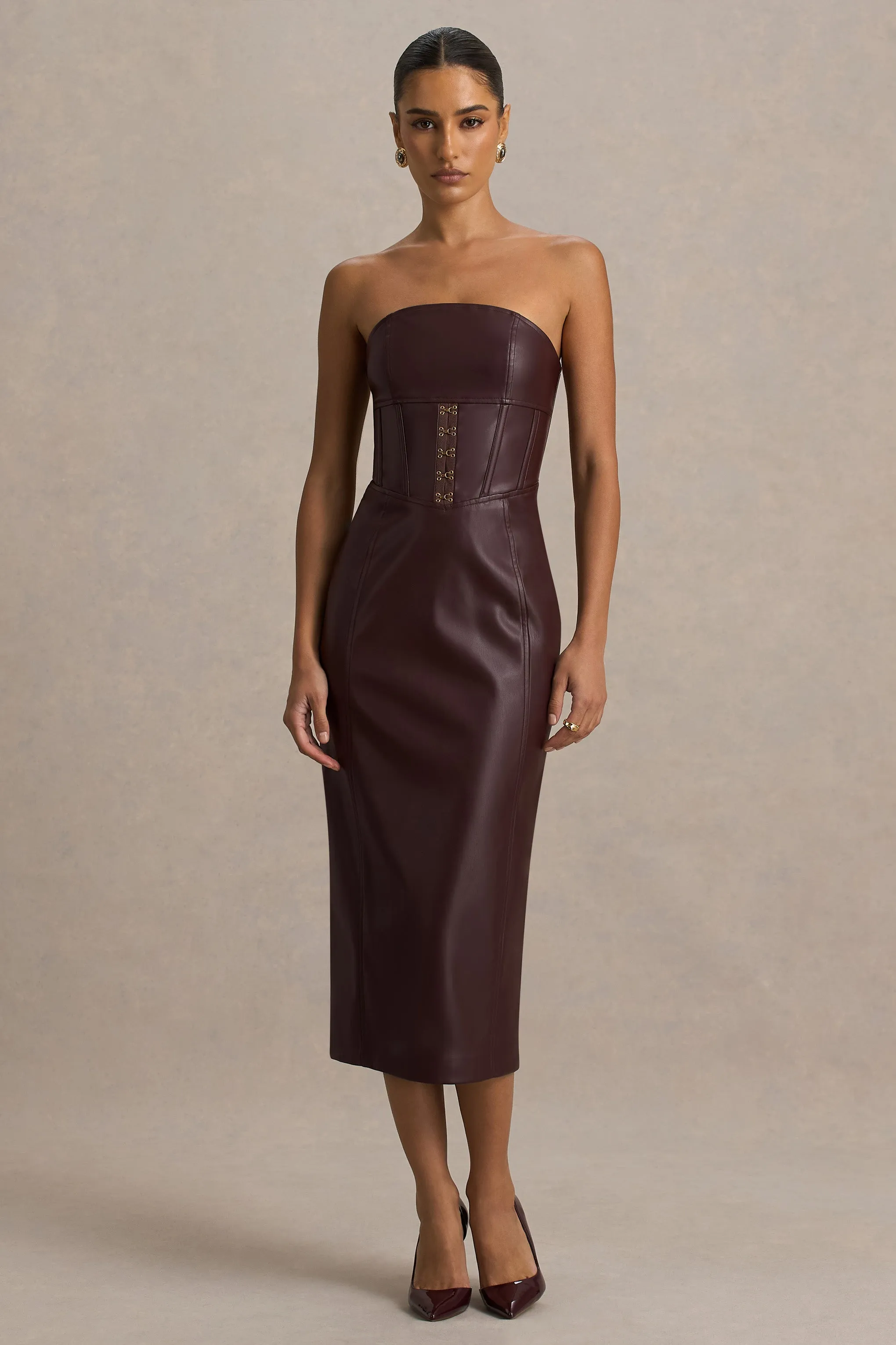 Zola | Burgundy Faux Leather Bandeau Midi Dress sold by Club L London