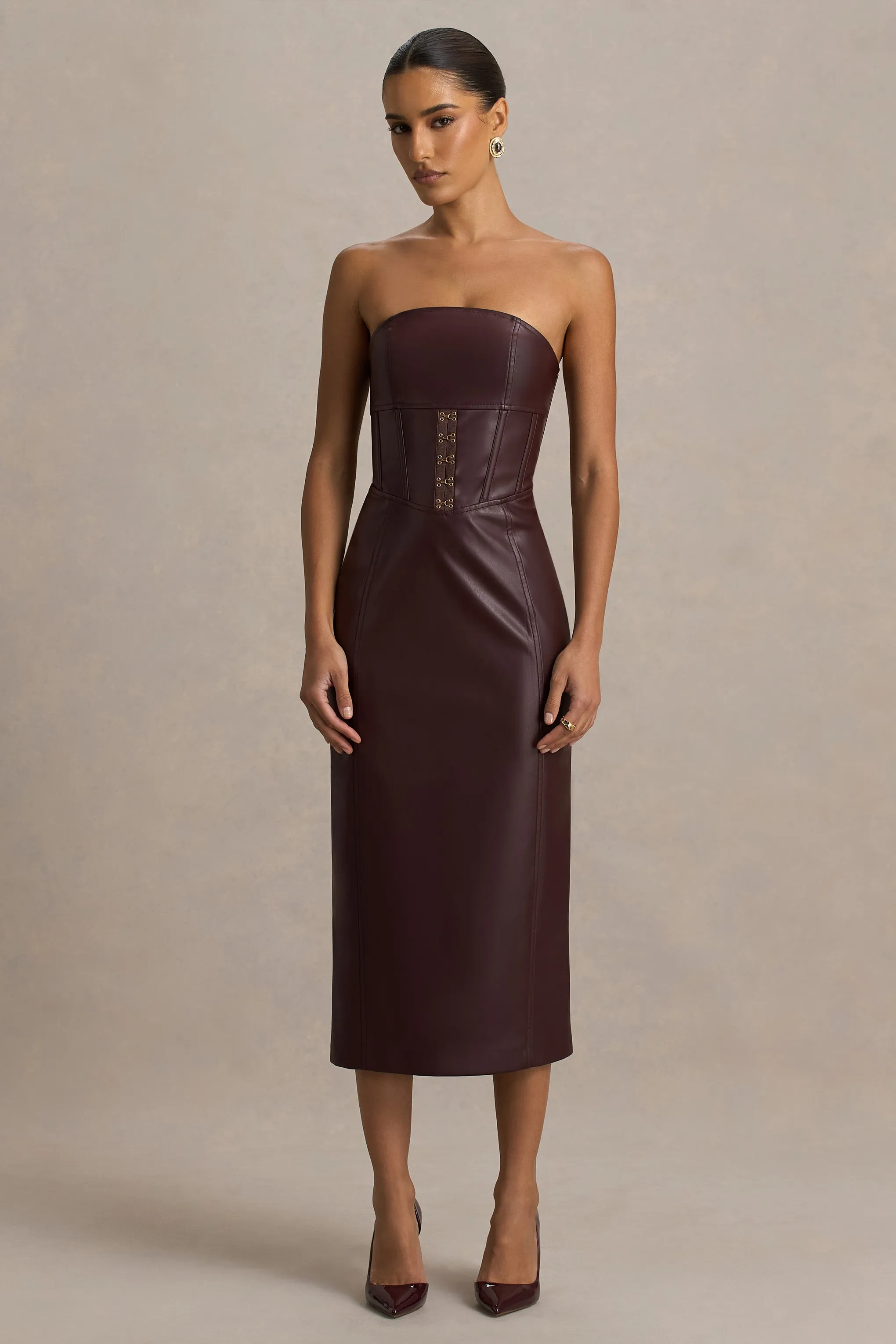 Zola | Burgundy Faux Leather Bandeau Midi Dress sold by Club L London product image thumbnail 3
