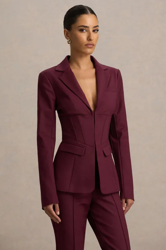 Unbeaten | Burgundy Fitted Corset Blazer Jacket sold by Club L London