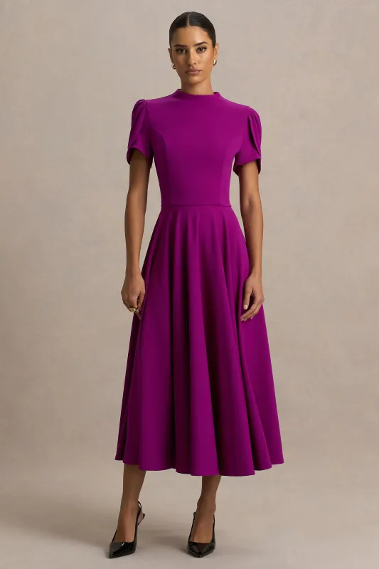 Vicky | Mulberry High Neck Midi Dress With Puff Sleeves sold by Club L London