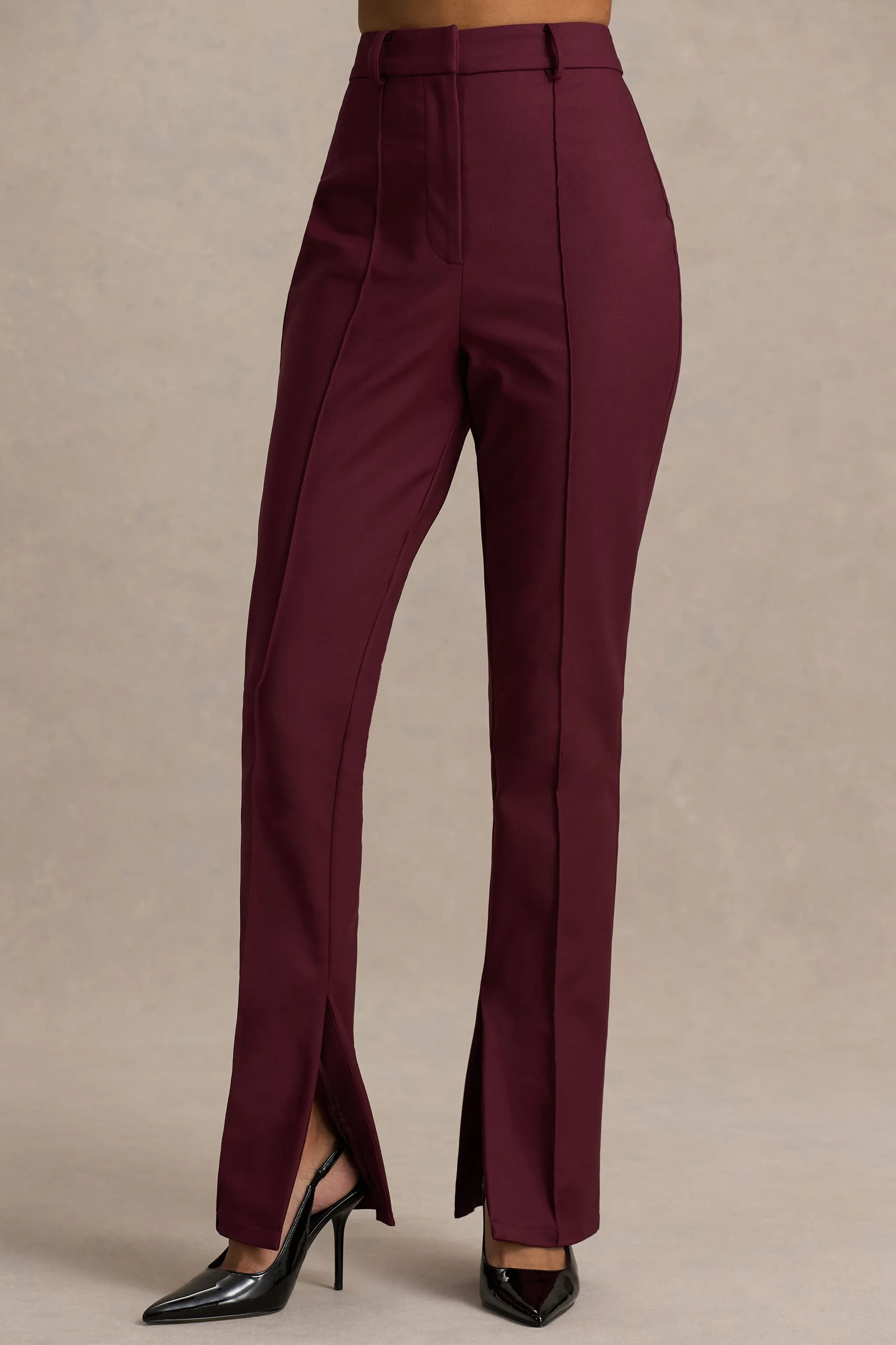 Wonder Woman | Burgundy High Waist Tailored Trousers With Hem Split sold by Club L London product image thumbnail 5