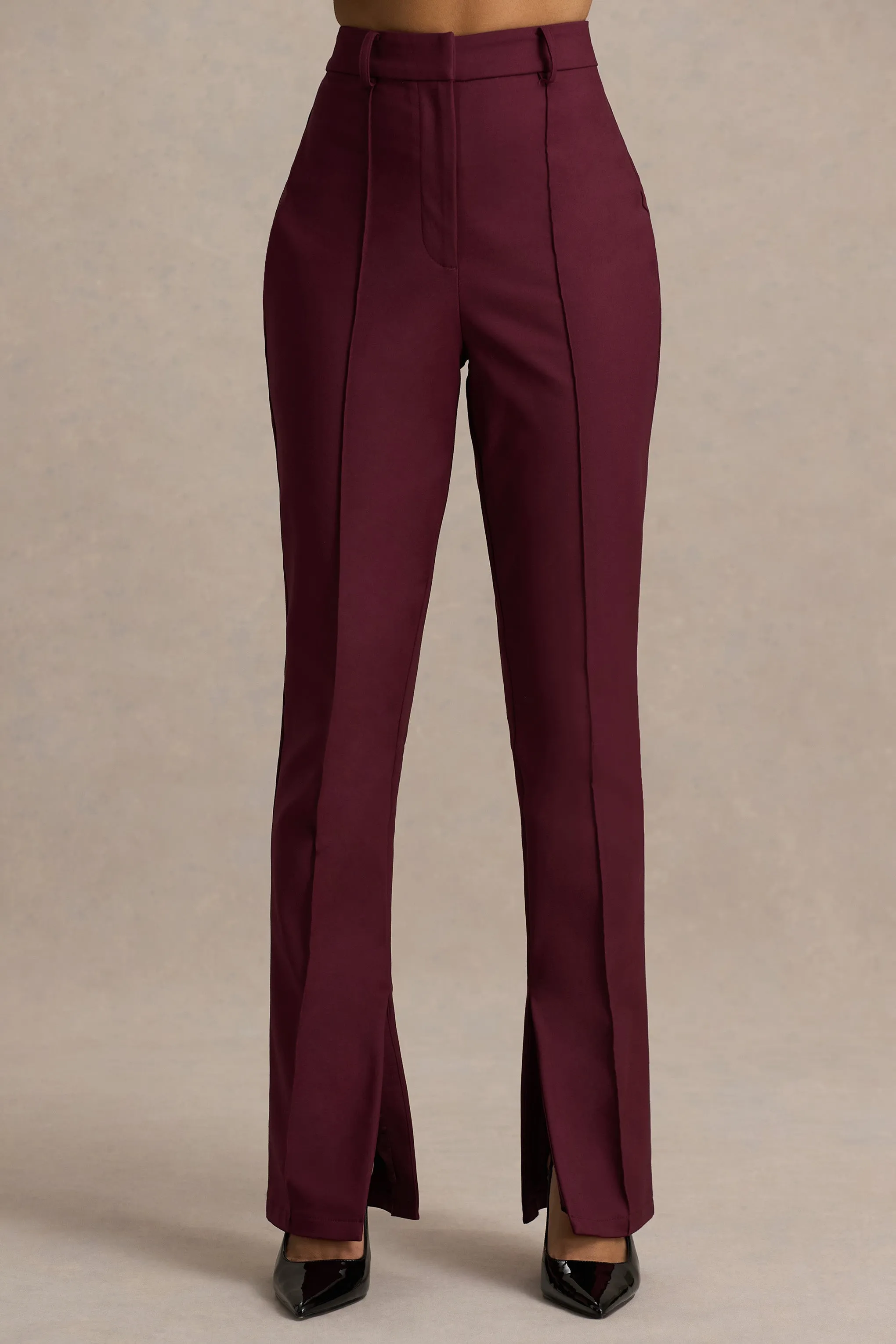 Wonder Woman | Burgundy High Waist Tailored Trousers With Hem Split sold by Club L London product image thumbnail 3