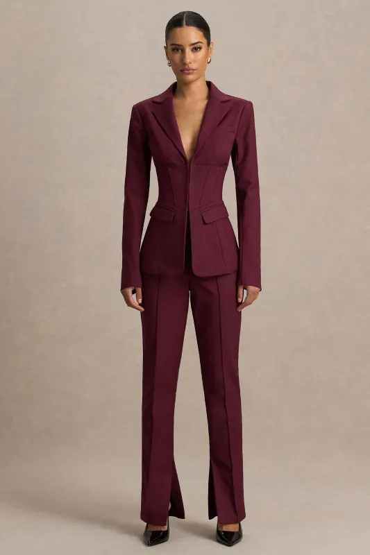 Wonder Woman | Burgundy High Waist Tailored Trousers With Hem Split sold by Club L London