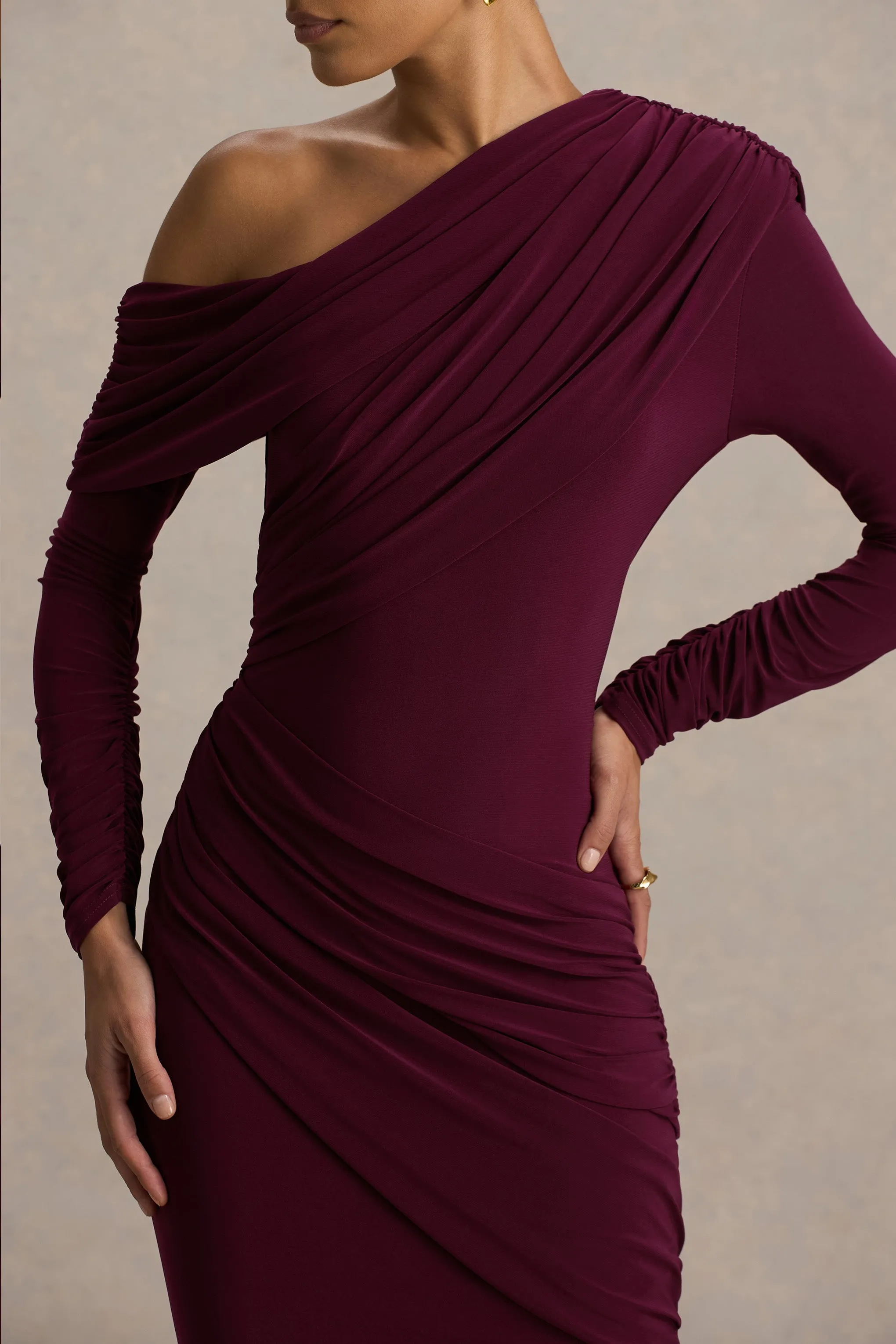 Perrie | Burgundy Asymmetric-Neck Maxi Dress With Ruched Detailing sold by Club L London product image thumbnail 5
