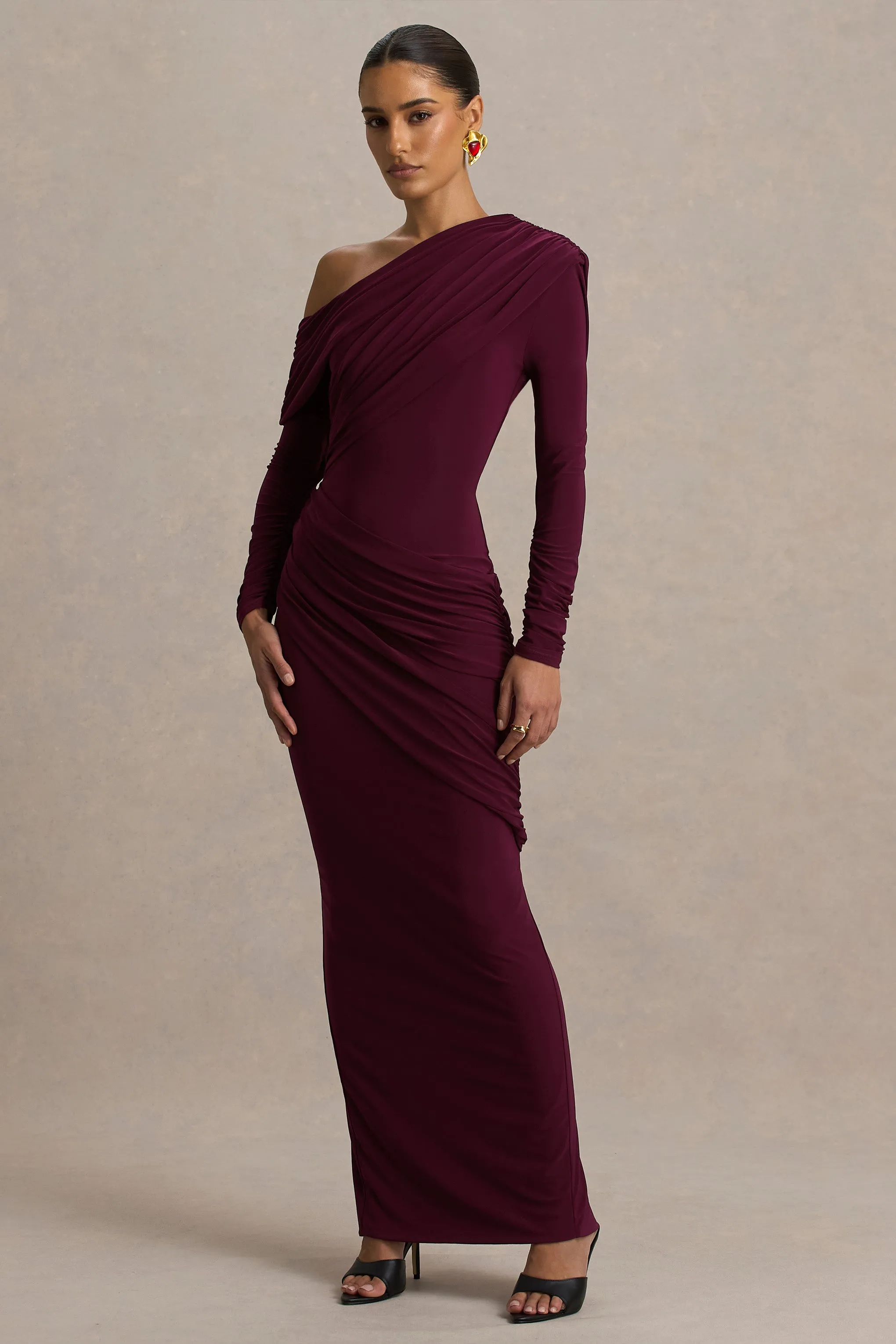Perrie | Burgundy Asymmetric-Neck Maxi Dress With Ruched Detailing sold by Club L London product image thumbnail 3