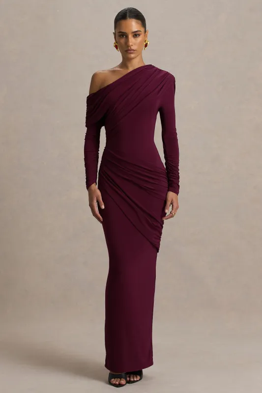 Perrie | Burgundy Asymmetric-Neck Maxi Dress With Ruched Detailing sold by Club L London