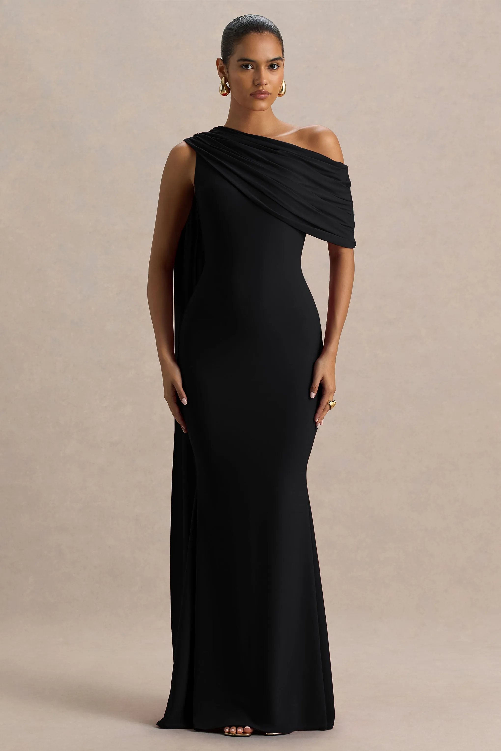 Zendaya | Black Asymmetric-Neck Fishtail Maxi Dress With Cape Detail sold by Club L London product image thumbnail 4