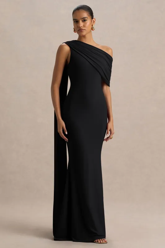 Zendaya | Black Asymmetric-Neck Fishtail Maxi Dress With Cape Detail sold by Club L London