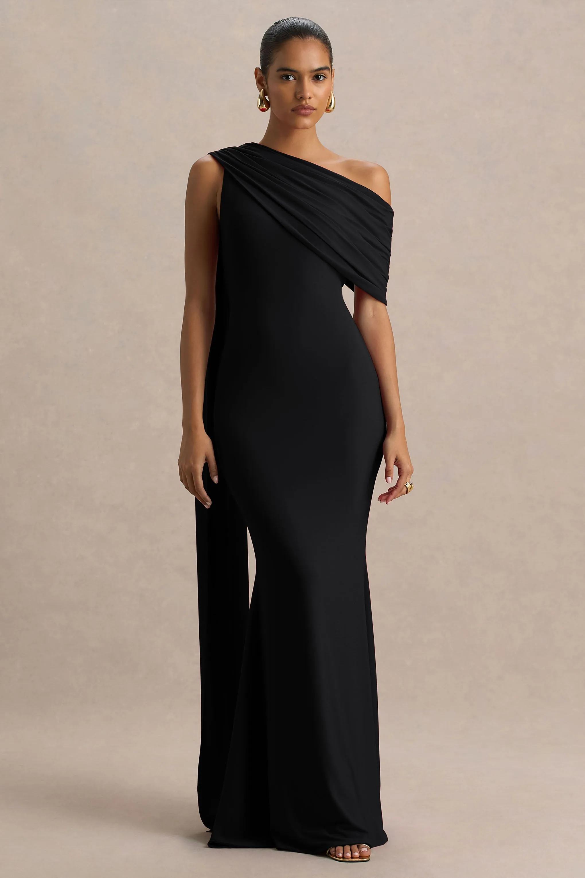 Zendaya | Black Asymmetric-Neck Fishtail Maxi Dress With Cape Detail sold by Club L London product image thumbnail 5