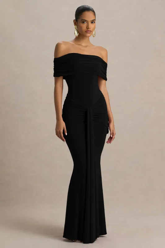 Envisioned | Black Bardot-Neck Maxi Dress With Gathered And Drape Detail sold by Club L London