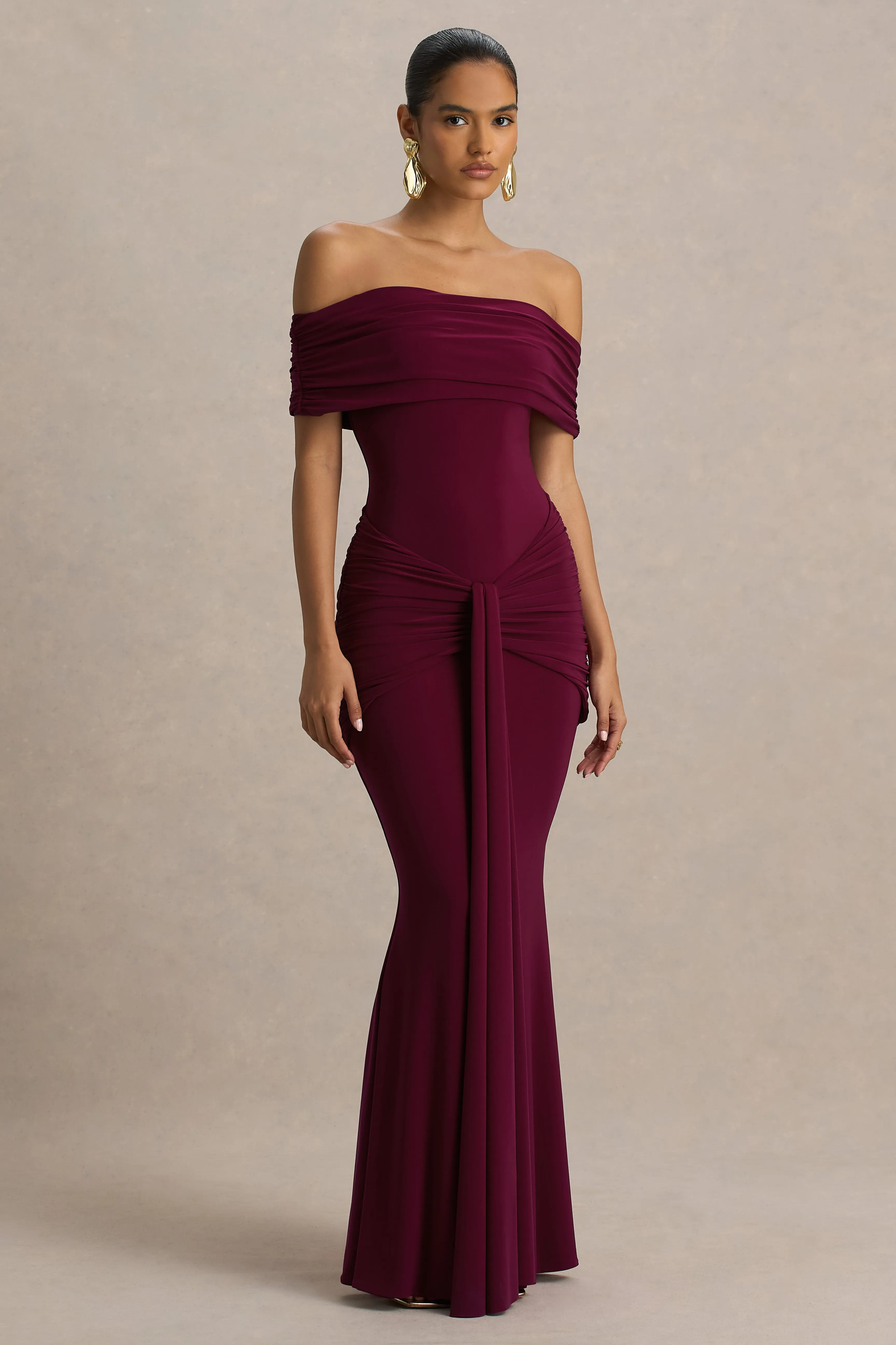 Envisioned | Burgundy Bardot-Neck Maxi Dress With Gathered And Drape Detail sold by Club L London product image thumbnail 5