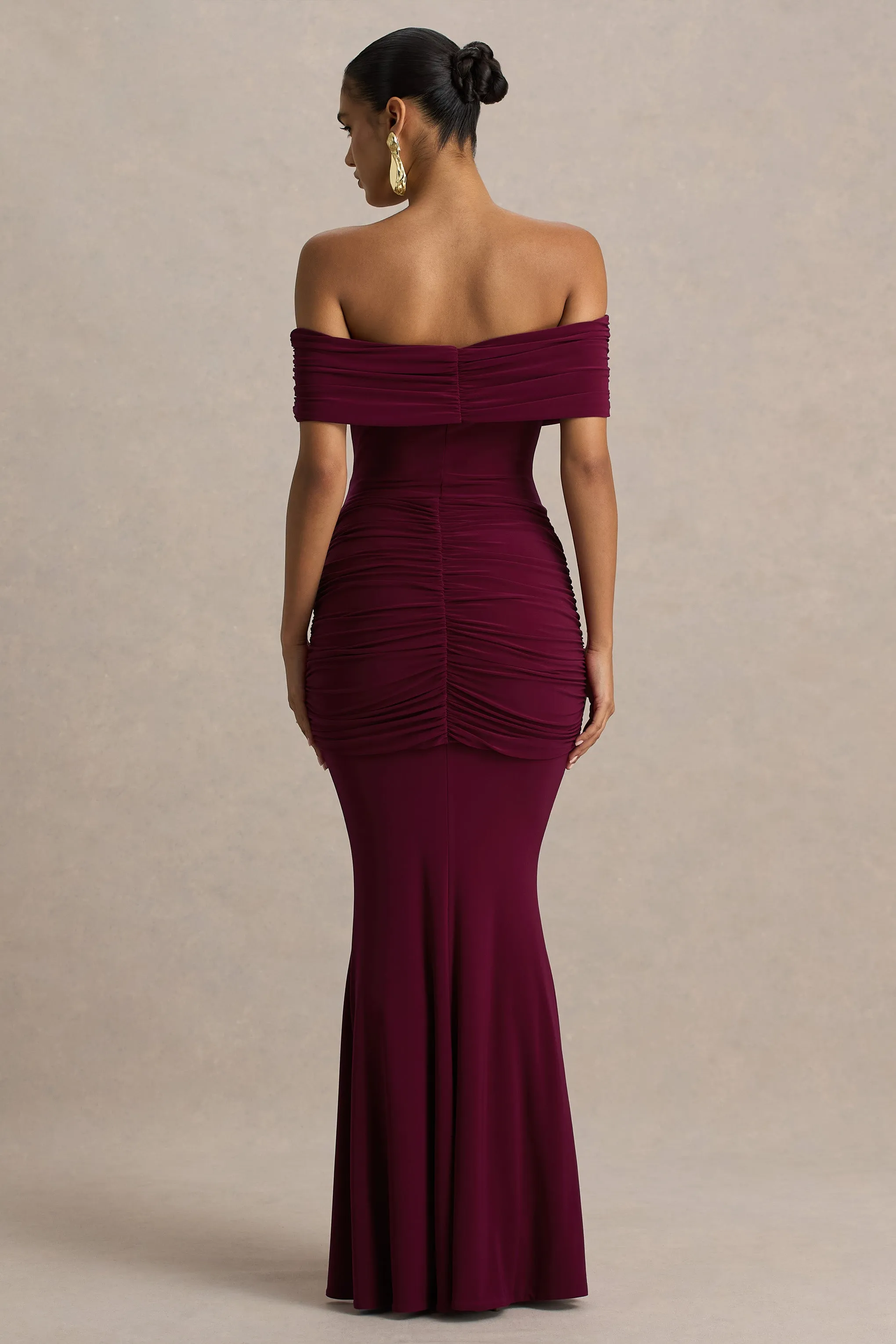 Envisioned | Burgundy Bardot-Neck Maxi Dress With Gathered And Drape Detail sold by Club L London product image thumbnail 2
