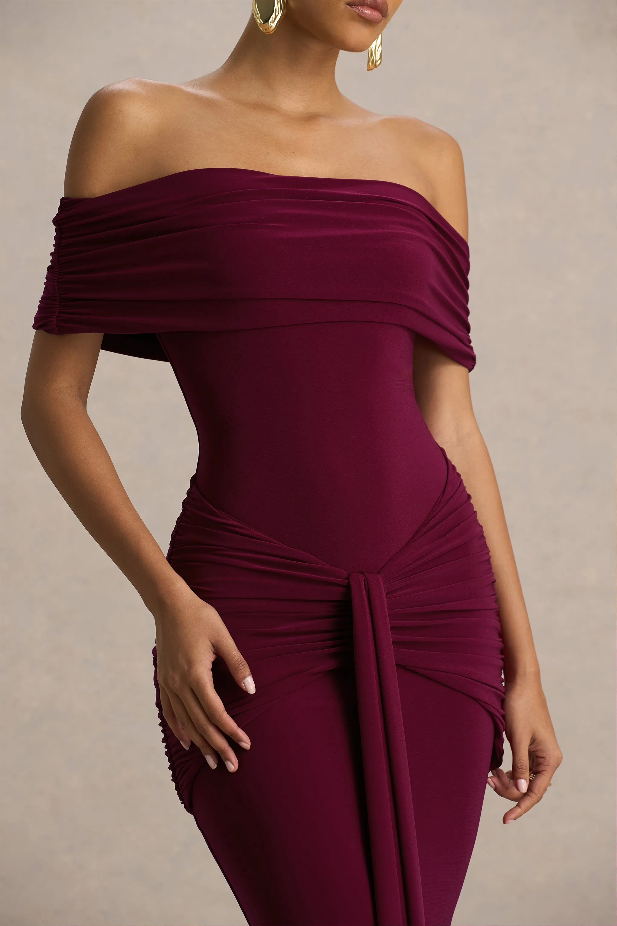 Envisioned | Burgundy Bardot-Neck Maxi Dress With Gathered And Drape Detail sold by Club L London product image thumbnail 3