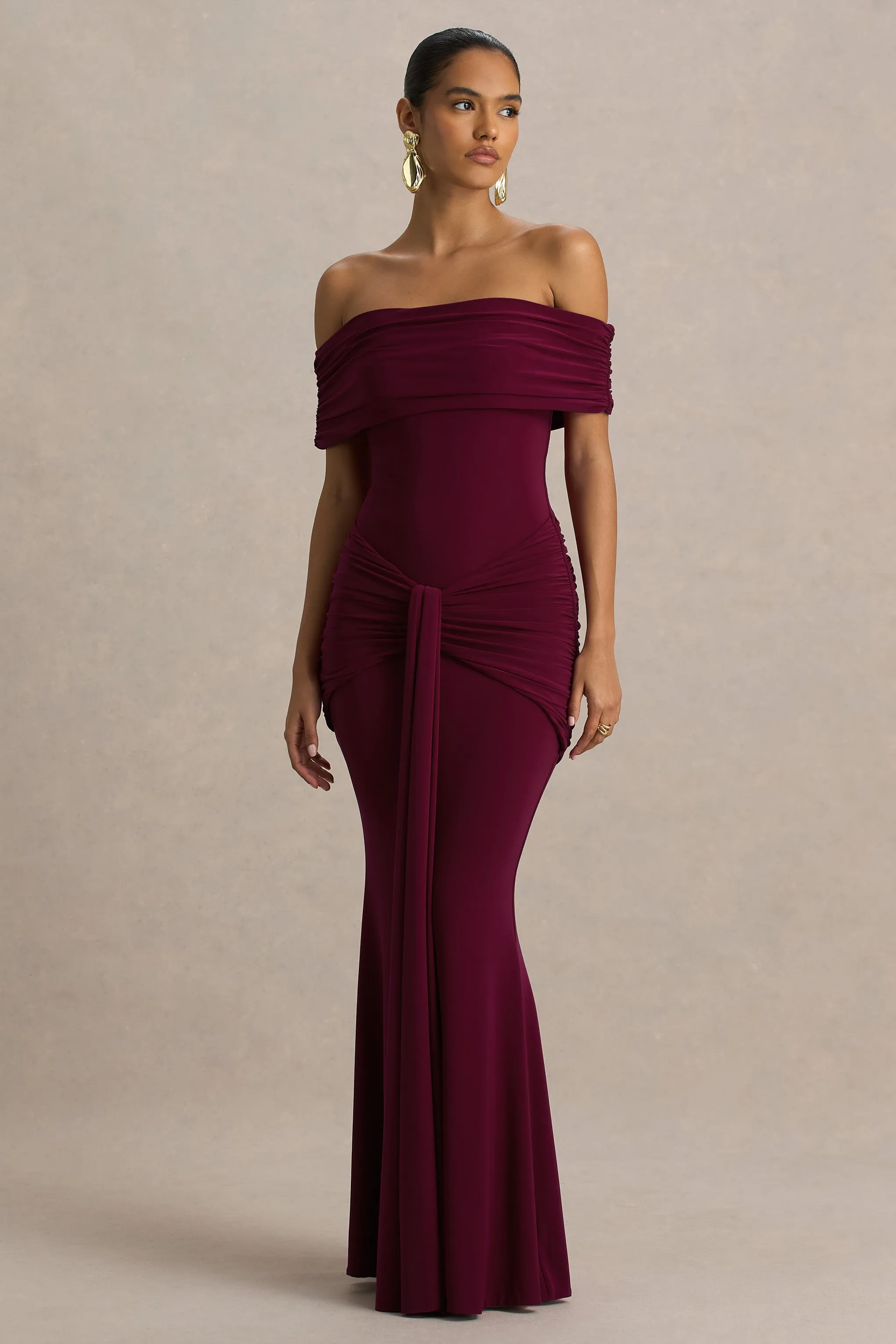 Envisioned | Burgundy Bardot-Neck Maxi Dress With Gathered And Drape Detail sold by Club L London product image thumbnail 4