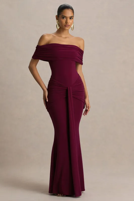 Envisioned | Burgundy Bardot-Neck Maxi Dress With Gathered And Drape Detail sold by Club L London