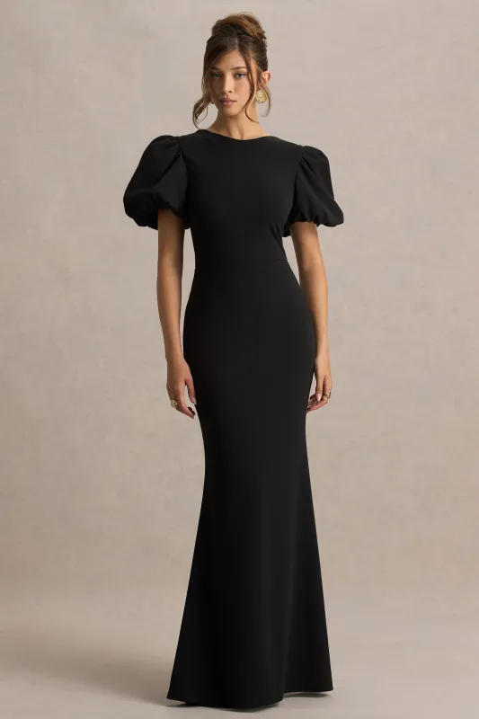 Carolina | Black Puff-Sleeve Maxi Dress With White Bow Detail made by Club L London