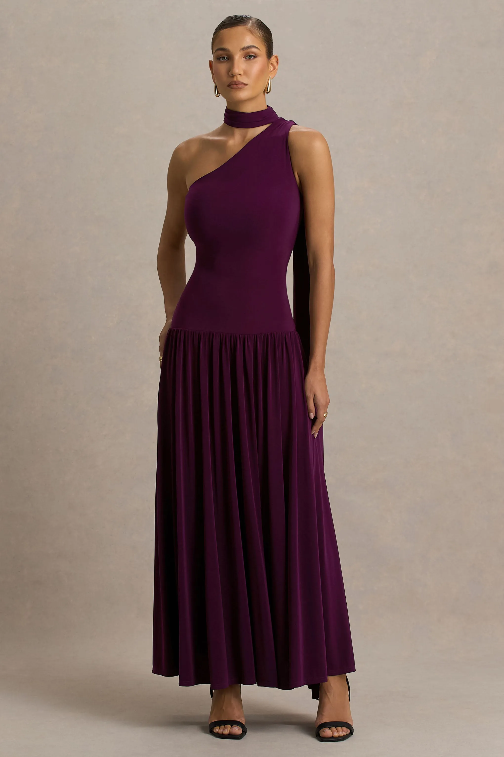 Freesia | Plum Asymmetric-Neck Maxi Dress With Scarf-Detail sold by Club L London product image thumbnail 4
