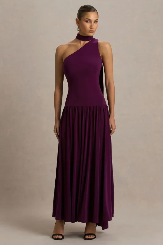 Freesia | Plum Asymmetric-Neck Maxi Dress With Scarf-Detail sold by Club L London