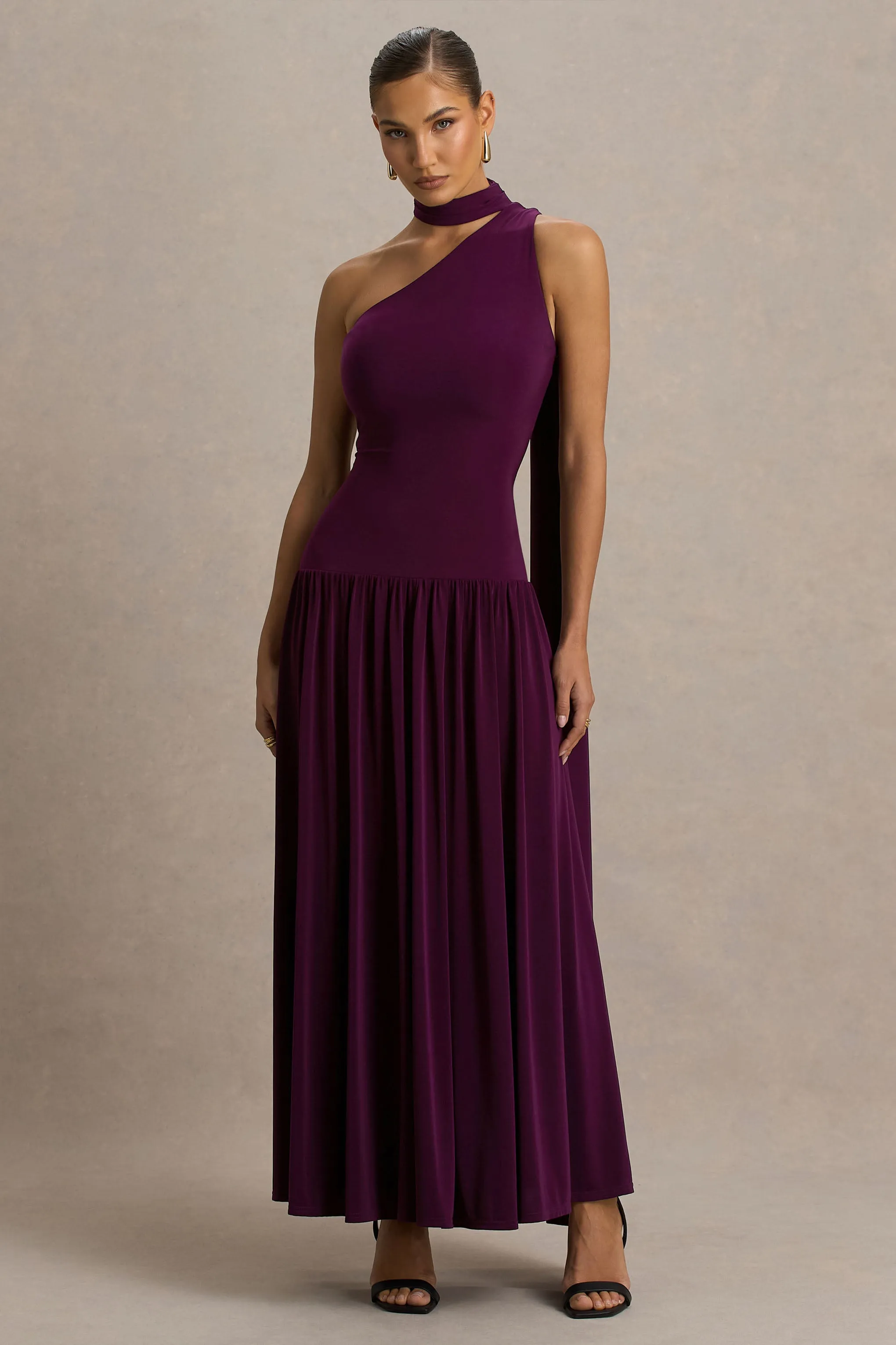 Freesia | Plum Asymmetric-Neck Maxi Dress With Scarf-Detail sold by Club L London product image thumbnail 5