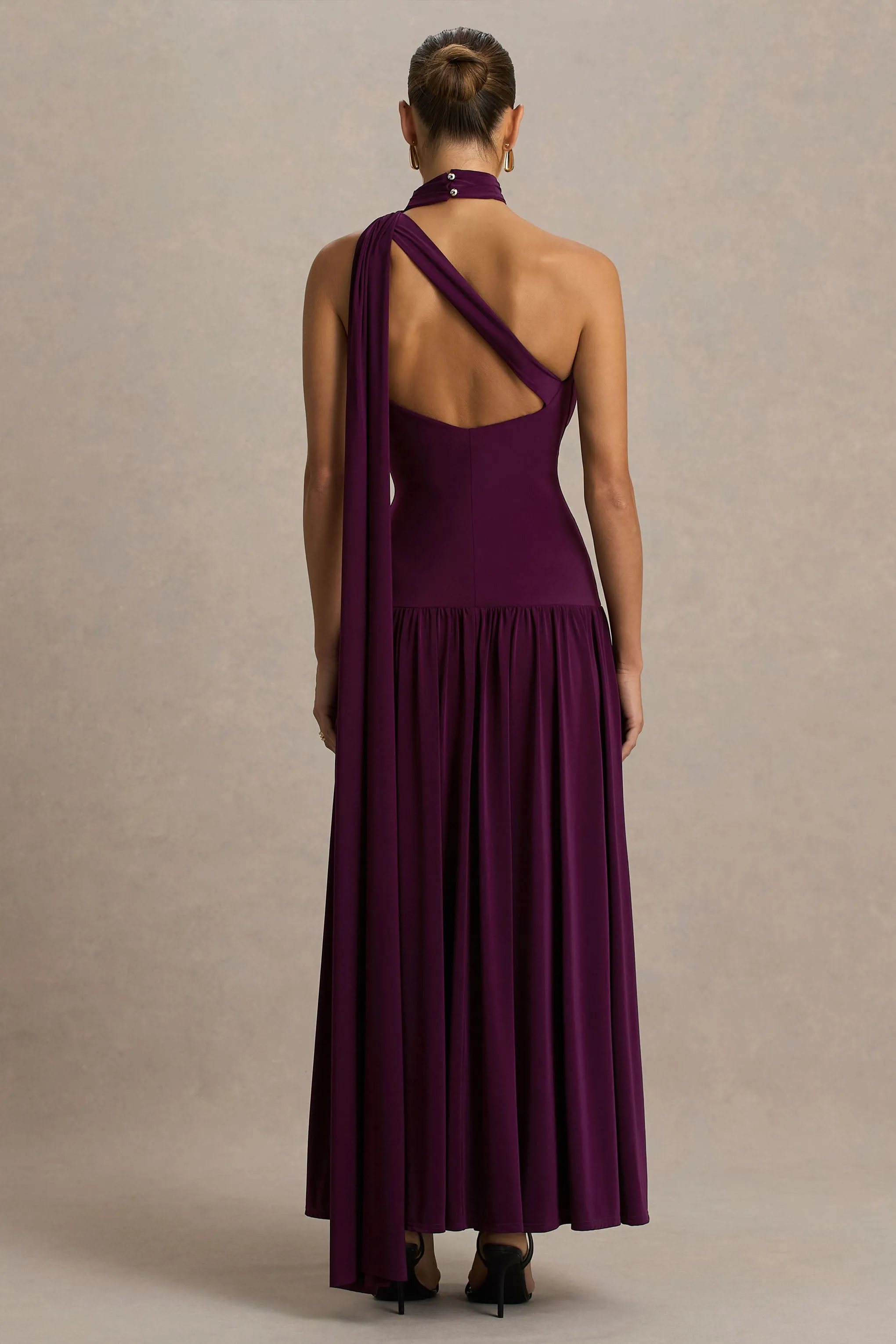 Freesia | Plum Asymmetric-Neck Maxi Dress With Scarf-Detail sold by Club L London product image thumbnail 2