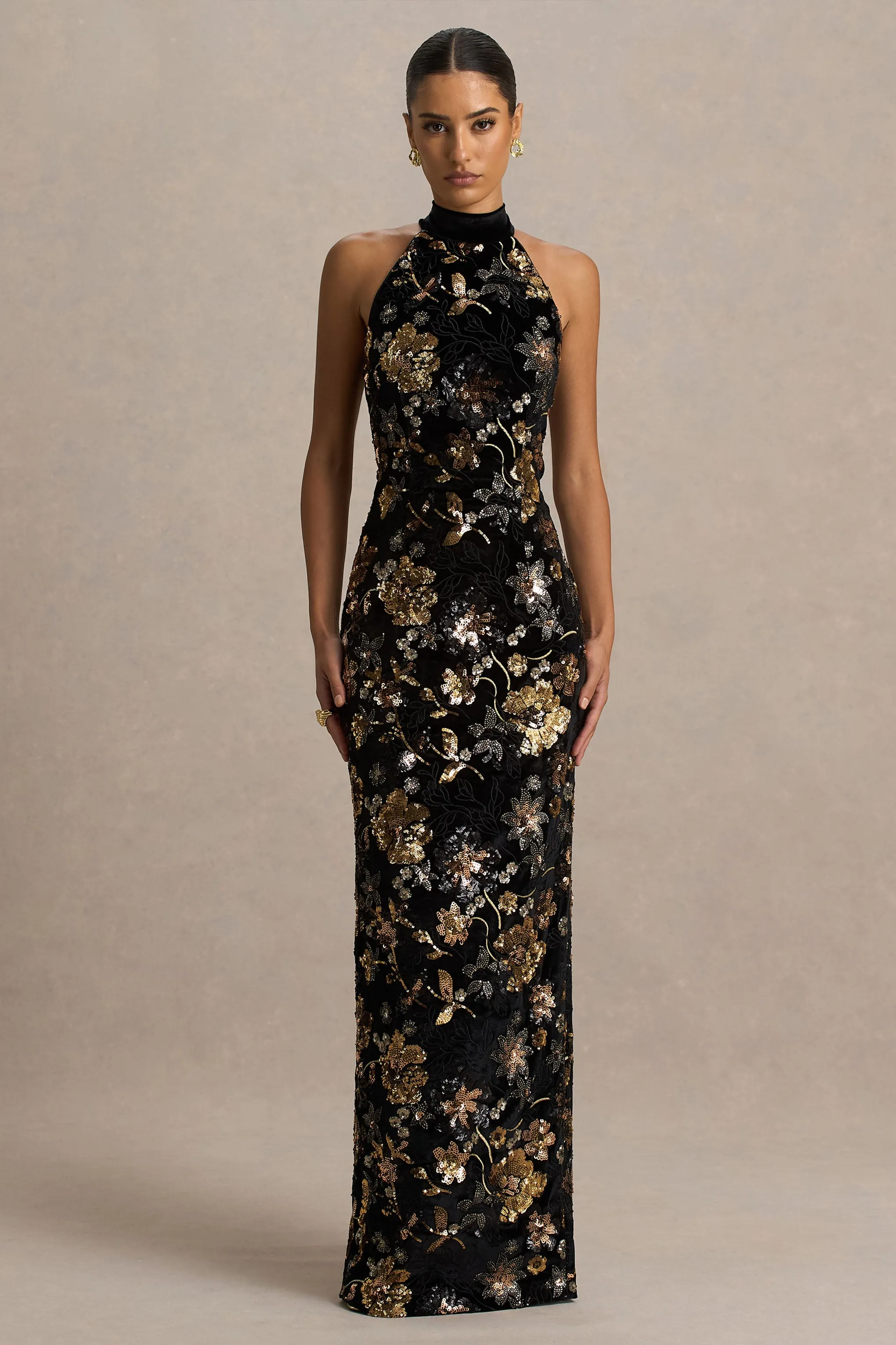 Tate | Black Velvet Halter-Neck Maxi Dress With Bronze Floral Sequin sold by Club L London product image thumbnail 5
