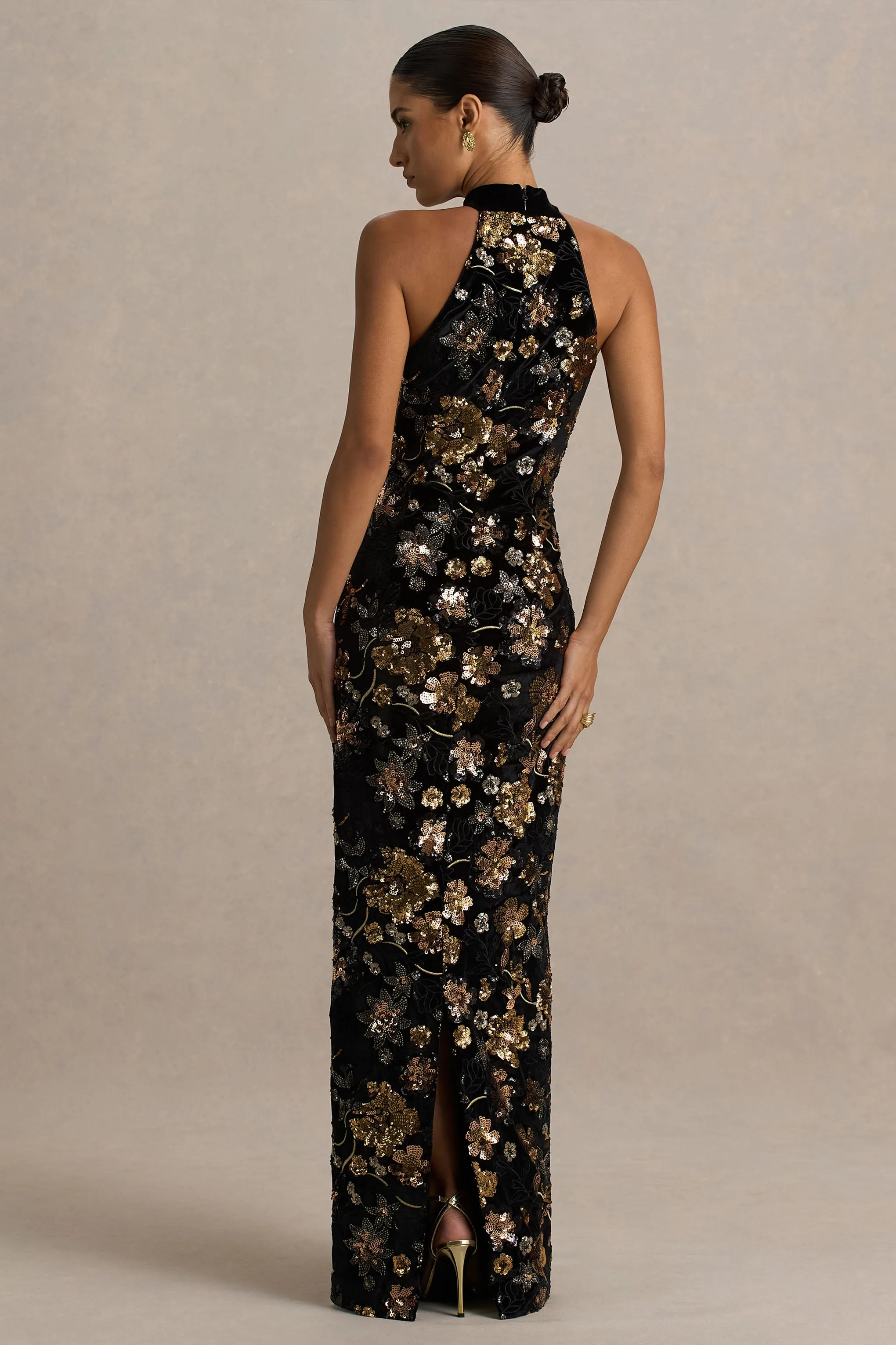 Tate | Black Velvet Halter-Neck Maxi Dress With Bronze Floral Sequin sold by Club L London product image thumbnail 2