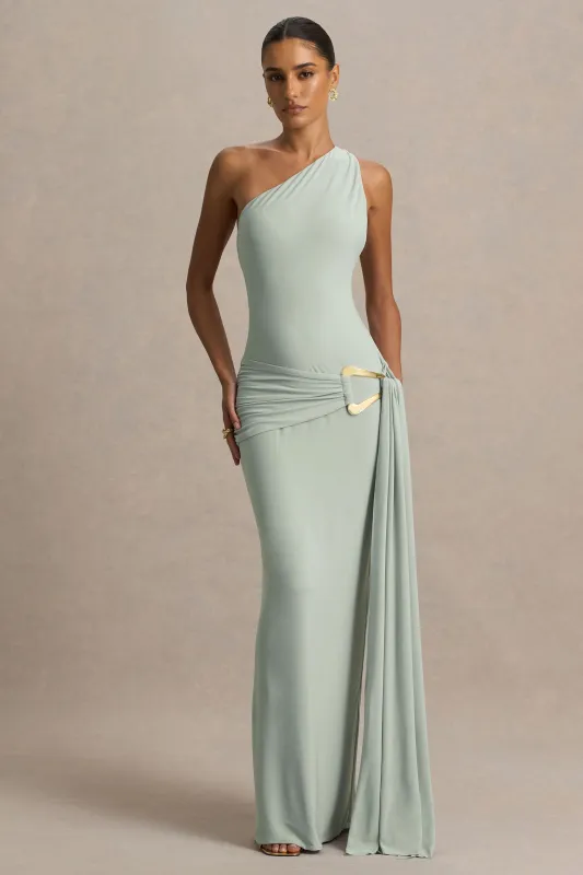 Bonnie | Blue Asymmetric-Neck Maxi Dress With Ruched-Detailing made by Club L London